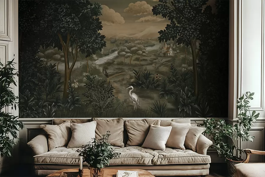 Fototapete Fantasielandschaft mit Fluss, Haus und Vögeln zwischen Bäumen w05090