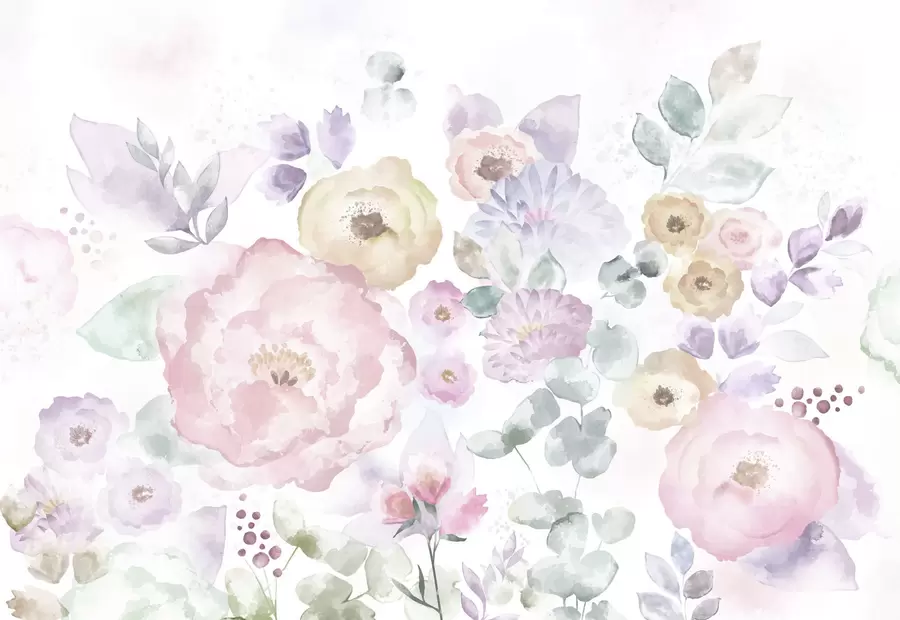 Fototapete Sanfte Aquarellkomposition mit Blumen und Blättern w05093