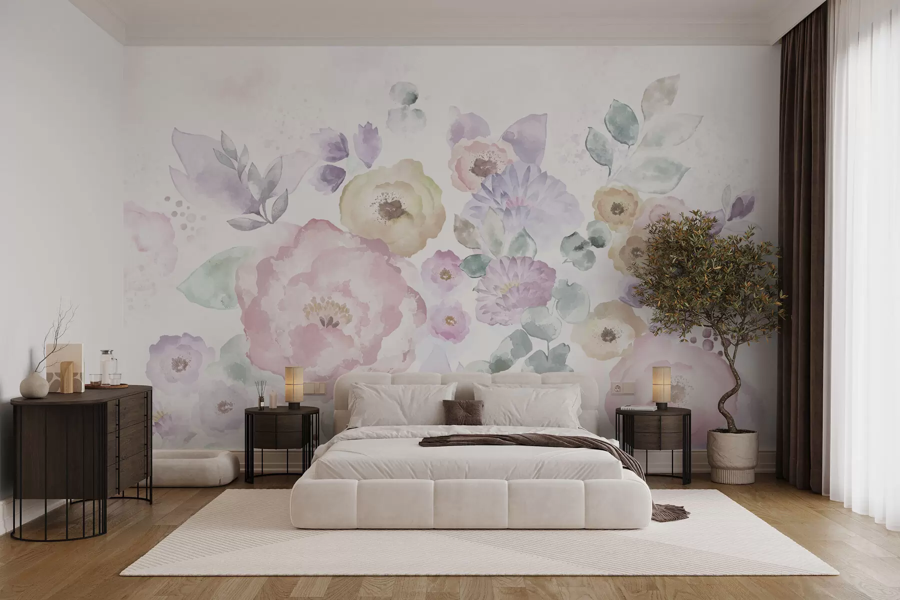 Fototapete Sanfte Aquarellkomposition mit Blumen und Blättern w05093