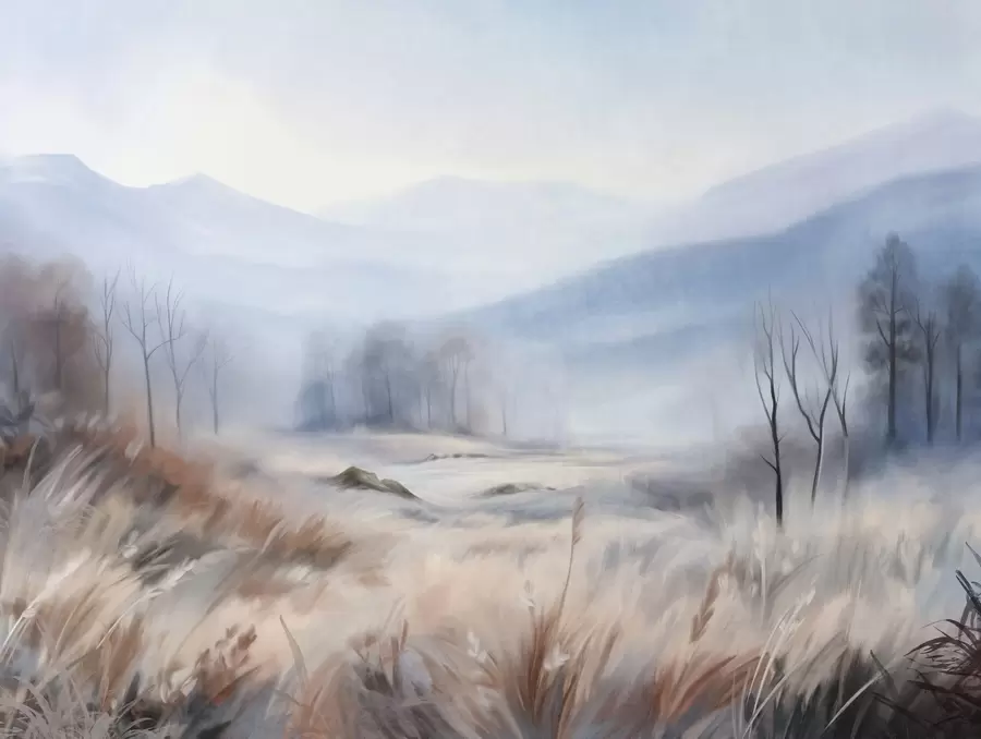 Fototapete Strukturierte Landschaft mit trockenem Gras im Vordergrund und Bäumen im Hintergrund, mit Bergen in der Ferne w09542