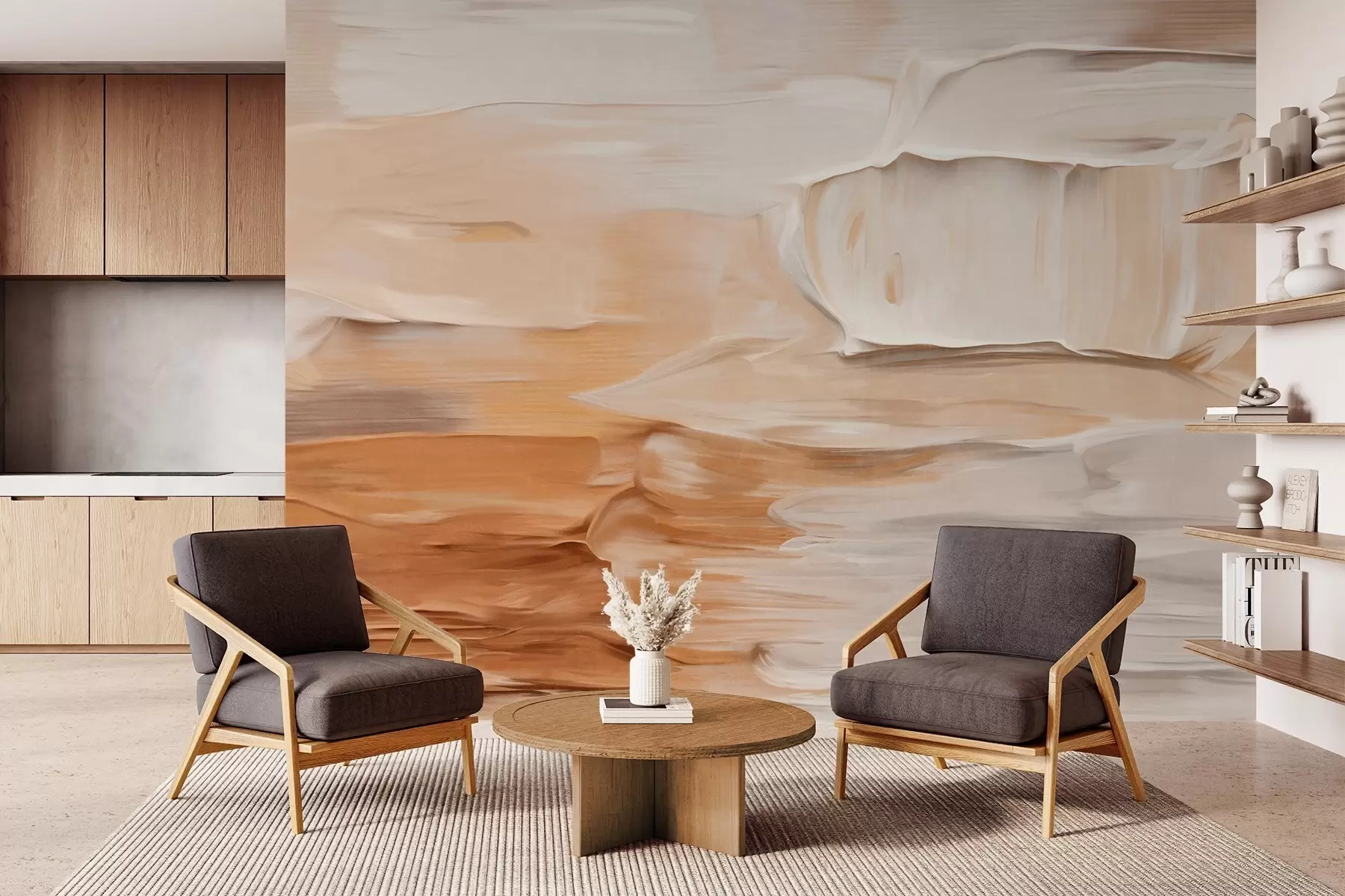 Fototapete Abstrakte, strukturierte Pinselstriche in warmen Erdtönen wie Beige, Creme und Braun, moderne Kunst w09588