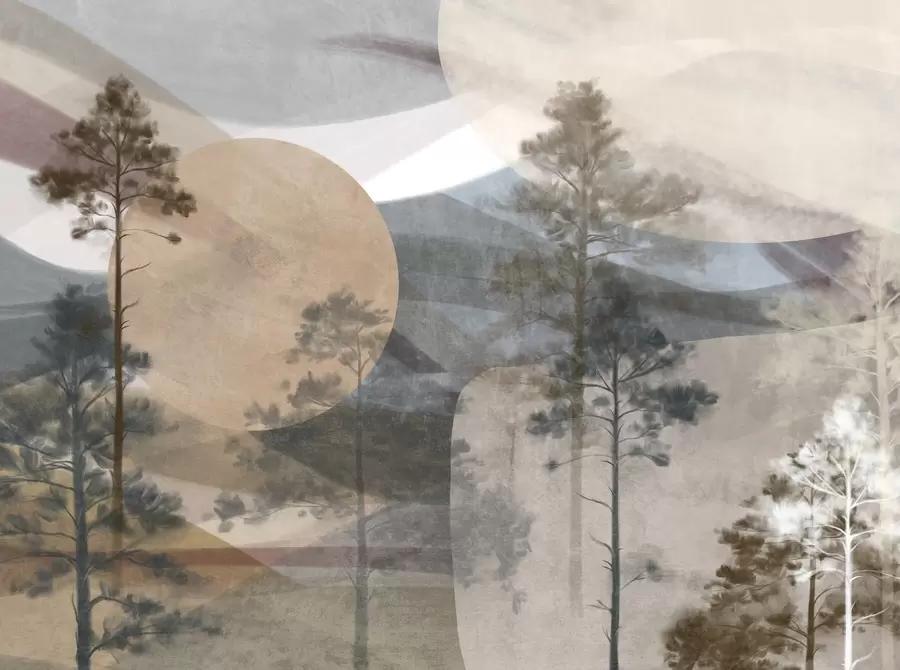 Fototapete Hohe Kiefern in einer gedämpften, strukturierten Landschaft mit abstrakten kreisförmigen Formen und geschichteten Bergen in Erdtönen w09636