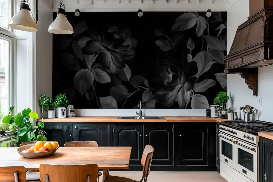 Fototapete Schwarz-weiße malerische Rosen im Stil eines Ölgemäldes  w04873v1