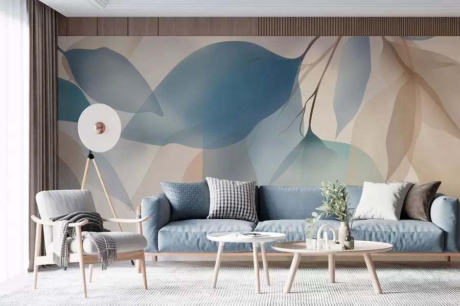 Fototapete elegante, halbtransparente Blätter in Blau- und Beigetönen w05060