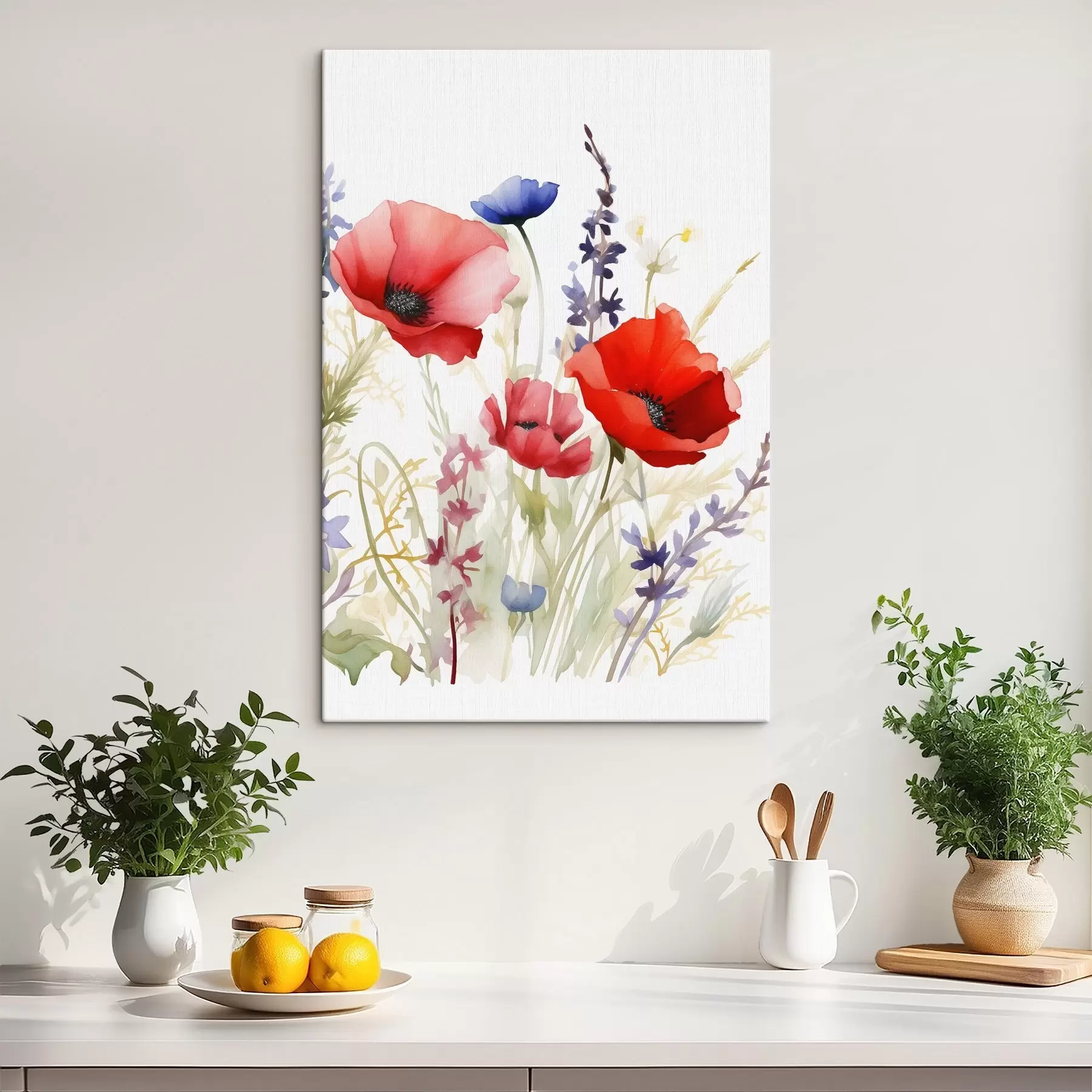 Fototapete Mohnblütenstände, Aquarellimitation s46888