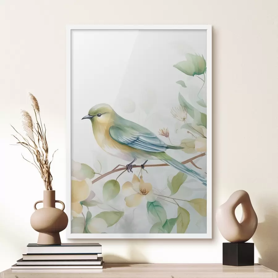 Fototapete Meise auf einem Ast, Aquarellimitation f46892