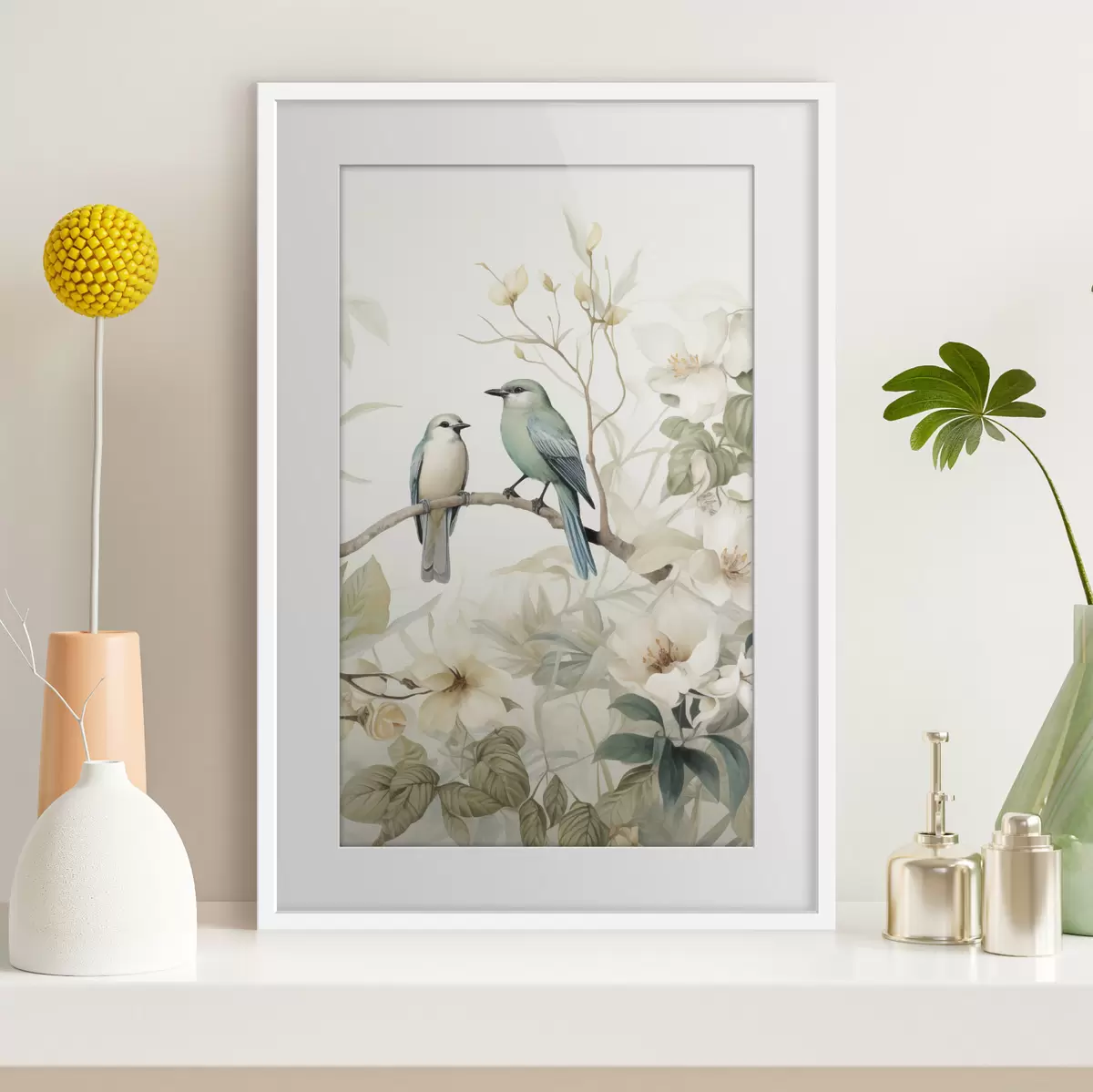 Poster Zwei Vögel auf Jasminzweigen f46896