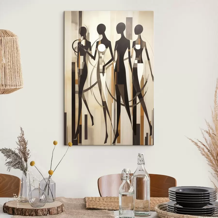 Fototapete Stilisierte weibliche Figuren mit geometrischen Elementen vor einem abstrakten Hintergrund aus vertikalen Linien s47423