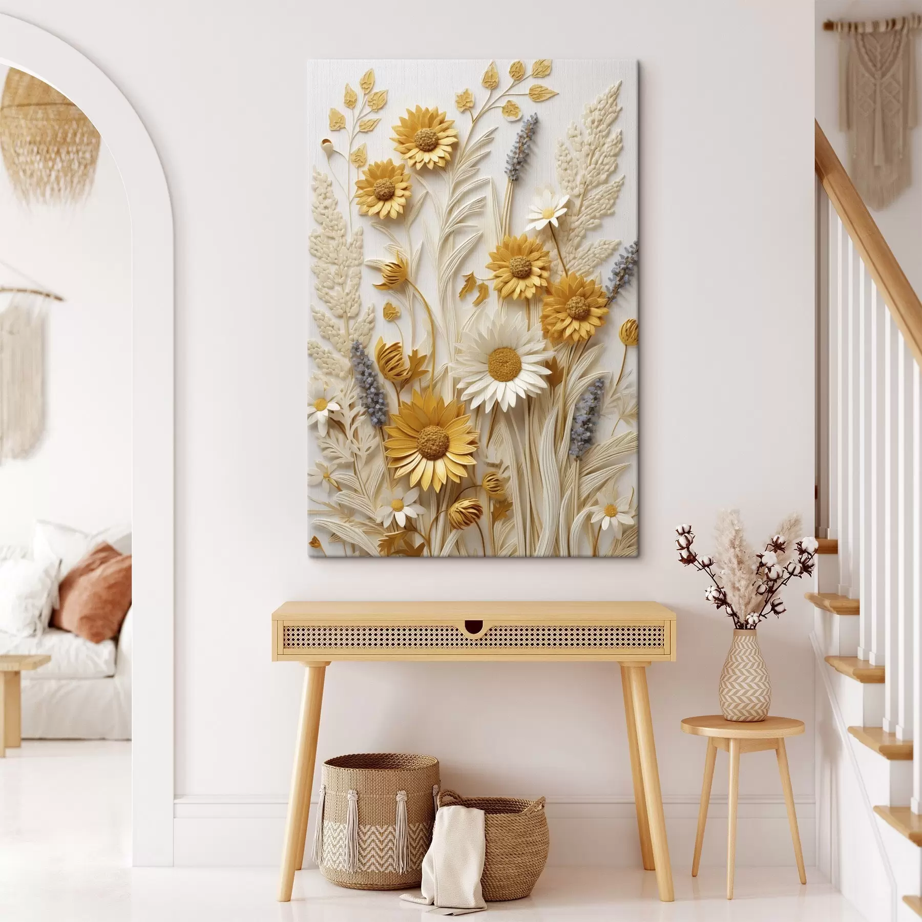 Fototapete Eine strukturierte Kollektion aus gelben und weißen Gänseblümchen mit getrockneten Gräsern und Lavendelzweigen auf weißem Hintergrund. s47430