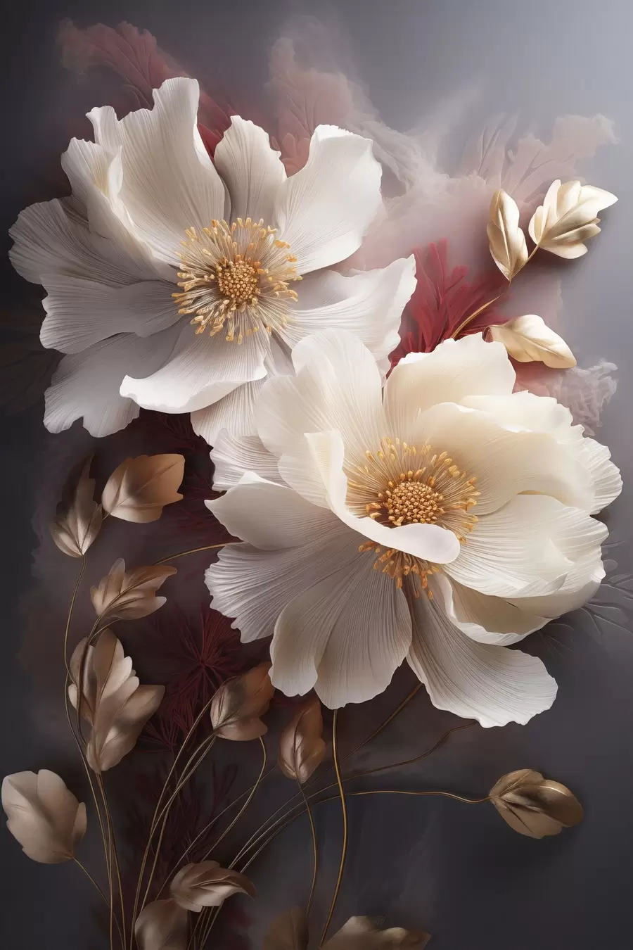 Fototapete Zarte Pfingstrosen mit dünnen, zarten Blütenblättern, umgeben von dunkelroten und gelben Blättern vor einem abstrakten Hintergrund s47435