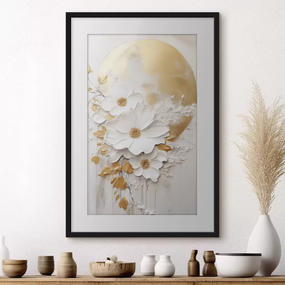 Poster Weiße Blumen mit gelben Akzenten und zarten Blättern vor einem strukturierten Hintergrund, moderne Kunst f47414