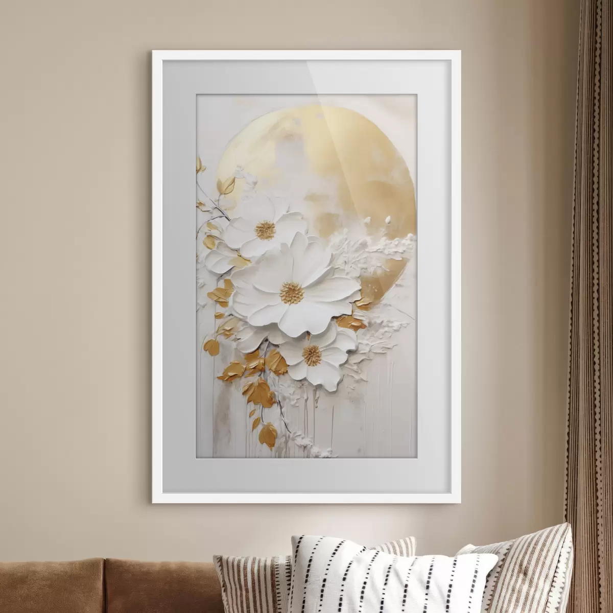 Poster Weiße Blumen mit gelben Akzenten und zarten Blättern vor einem strukturierten Hintergrund, moderne Kunst f47414