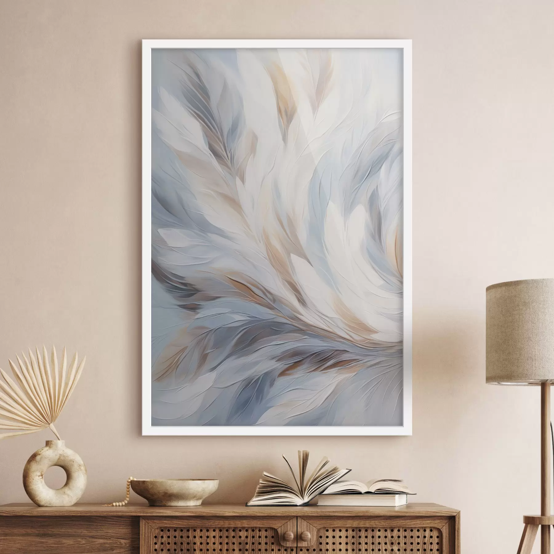 Fototapete Abstrakte Malerei von Federn in Weiß-, Blau- und Brauntönen, mit einer weichen, fließenden Textur und einem hellen Hintergrund f47417
