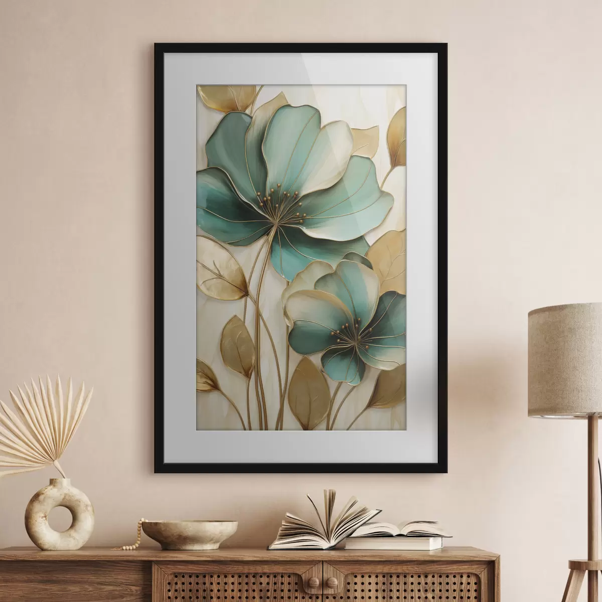 Poster Große blaugrüne und gelbe Blumen mit Konturen, umgeben von gelben Blättern vor abstraktem Hintergrund f47418