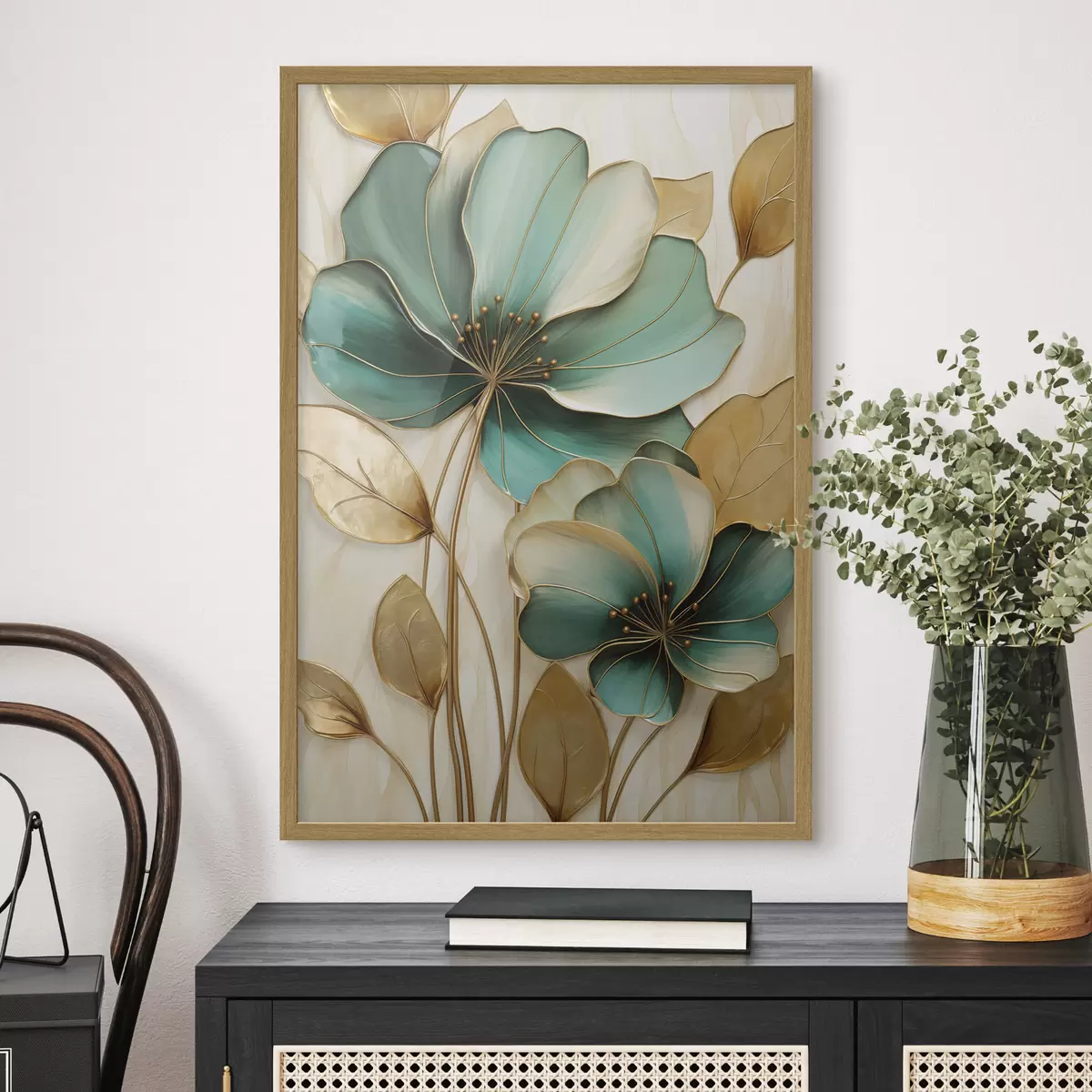 Poster Große blaugrüne und gelbe Blumen mit Konturen, umgeben von gelben Blättern vor abstraktem Hintergrund f47418