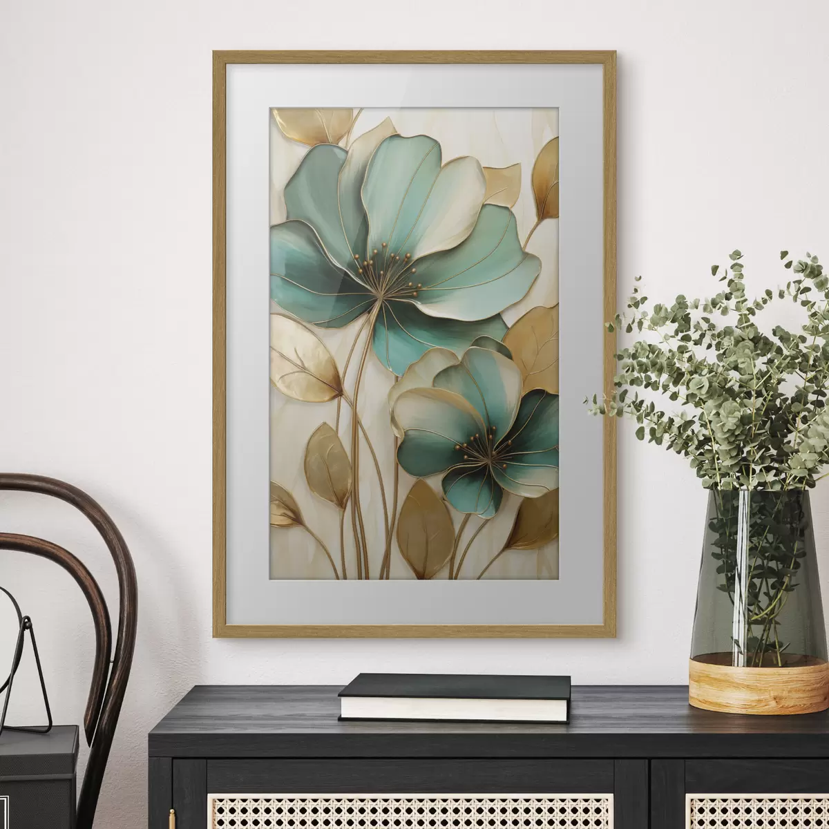 Poster Große blaugrüne und gelbe Blumen mit Konturen, umgeben von gelben Blättern vor abstraktem Hintergrund f47418
