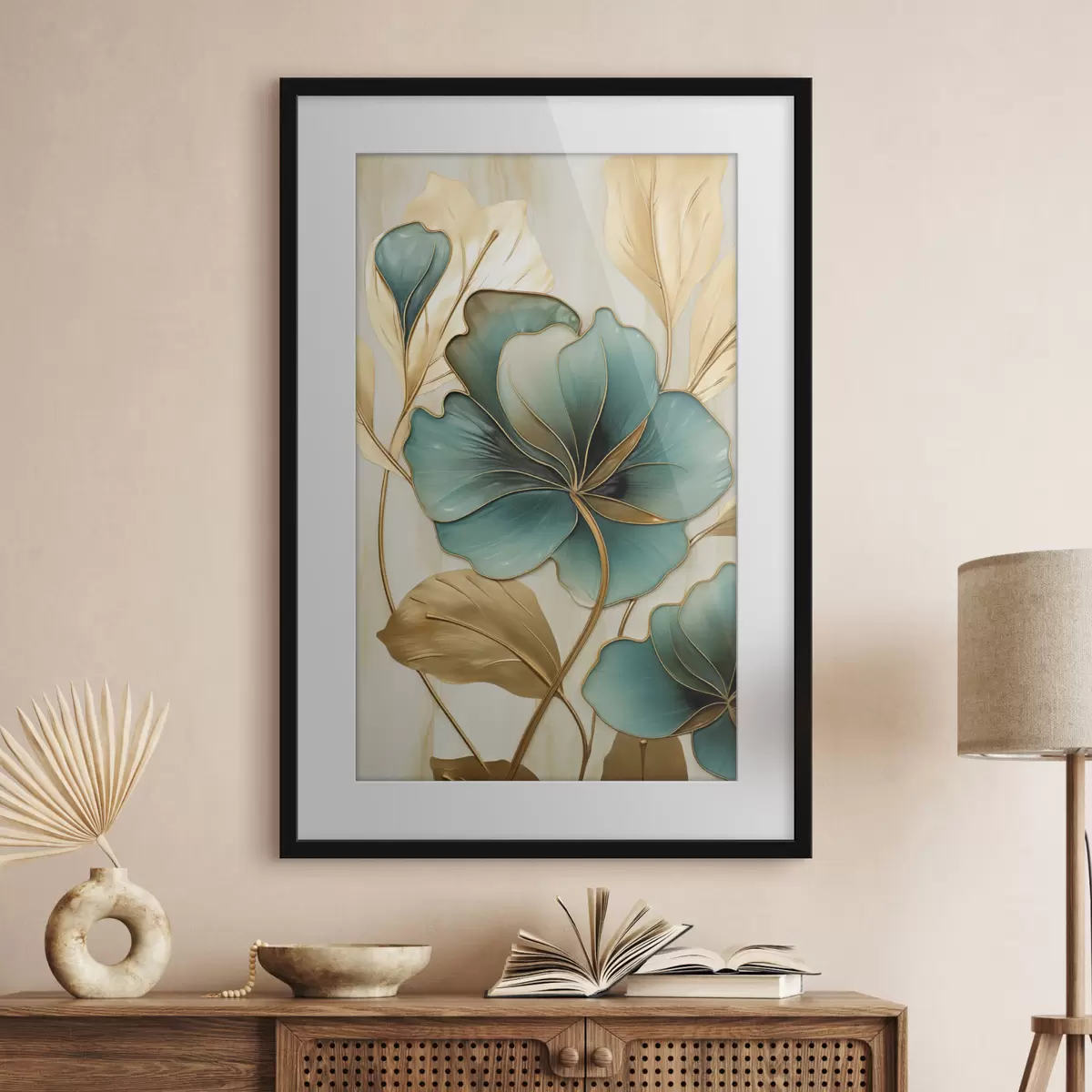 Poster Große blaugrüne und gelbe Blumen mit Konturen, umgeben von gelben Blättern vor abstraktem Hintergrund f47419