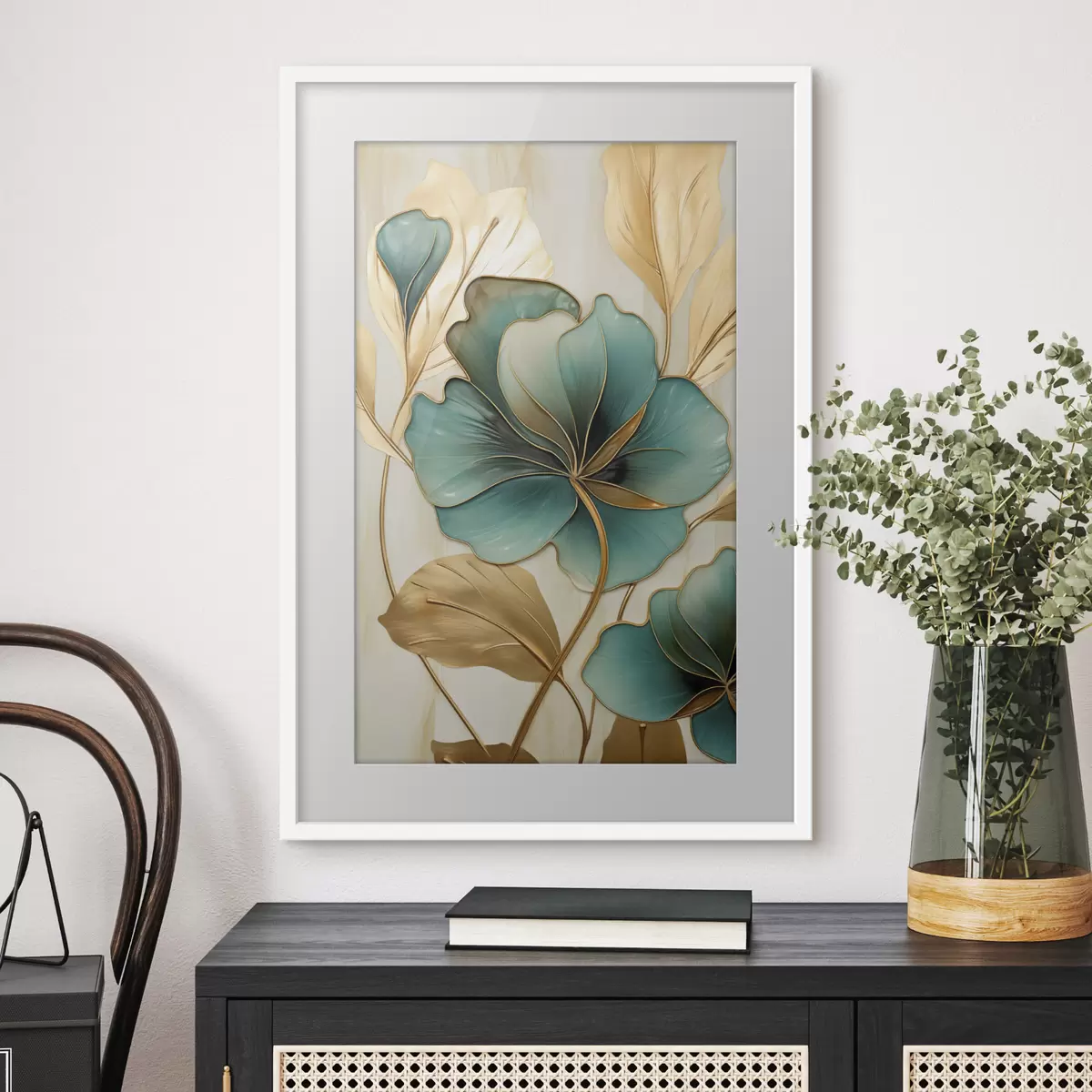 Poster Große blaugrüne und gelbe Blumen mit Konturen, umgeben von gelben Blättern vor abstraktem Hintergrund f47419