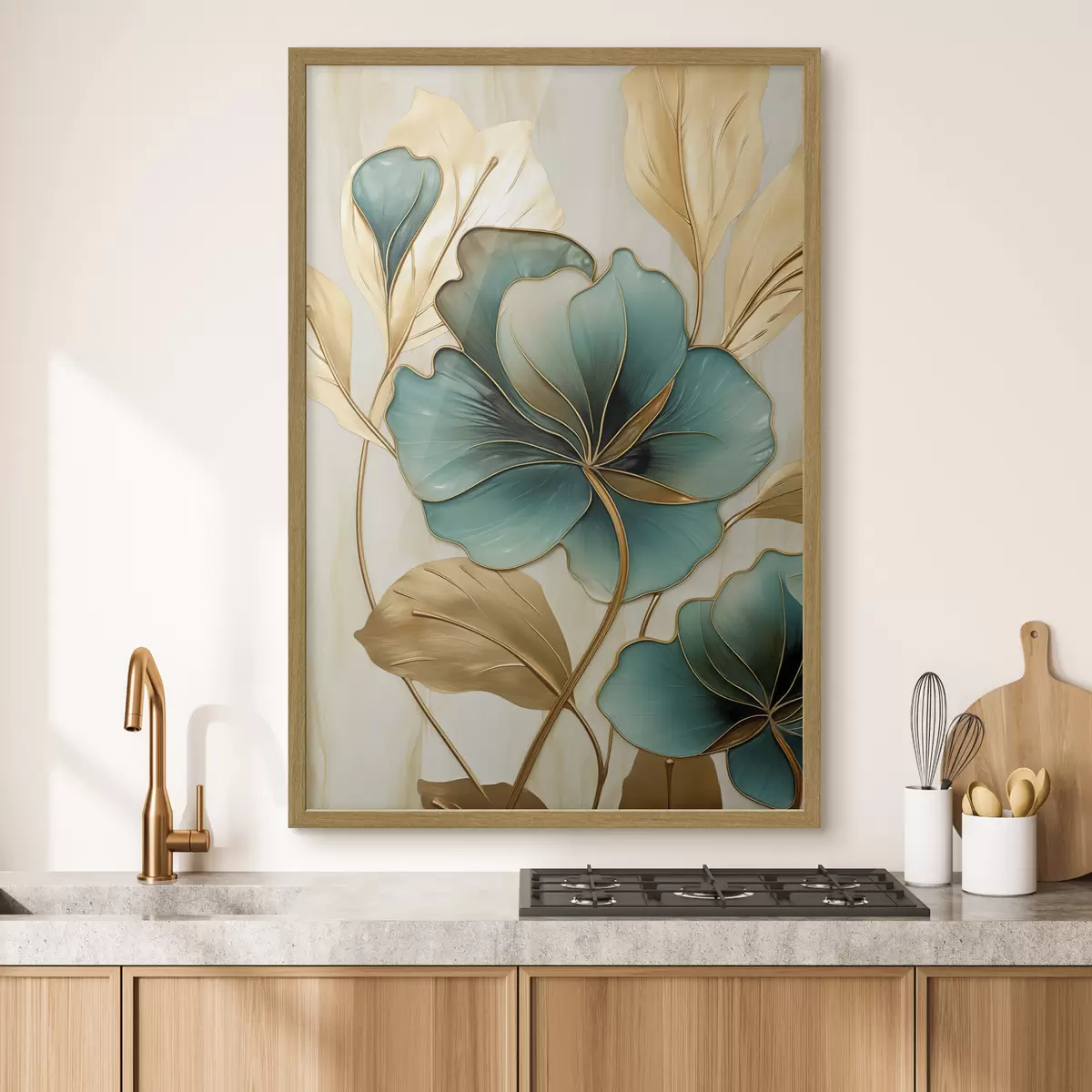 Poster Große blaugrüne und gelbe Blumen mit Konturen, umgeben von gelben Blättern vor abstraktem Hintergrund f47419
