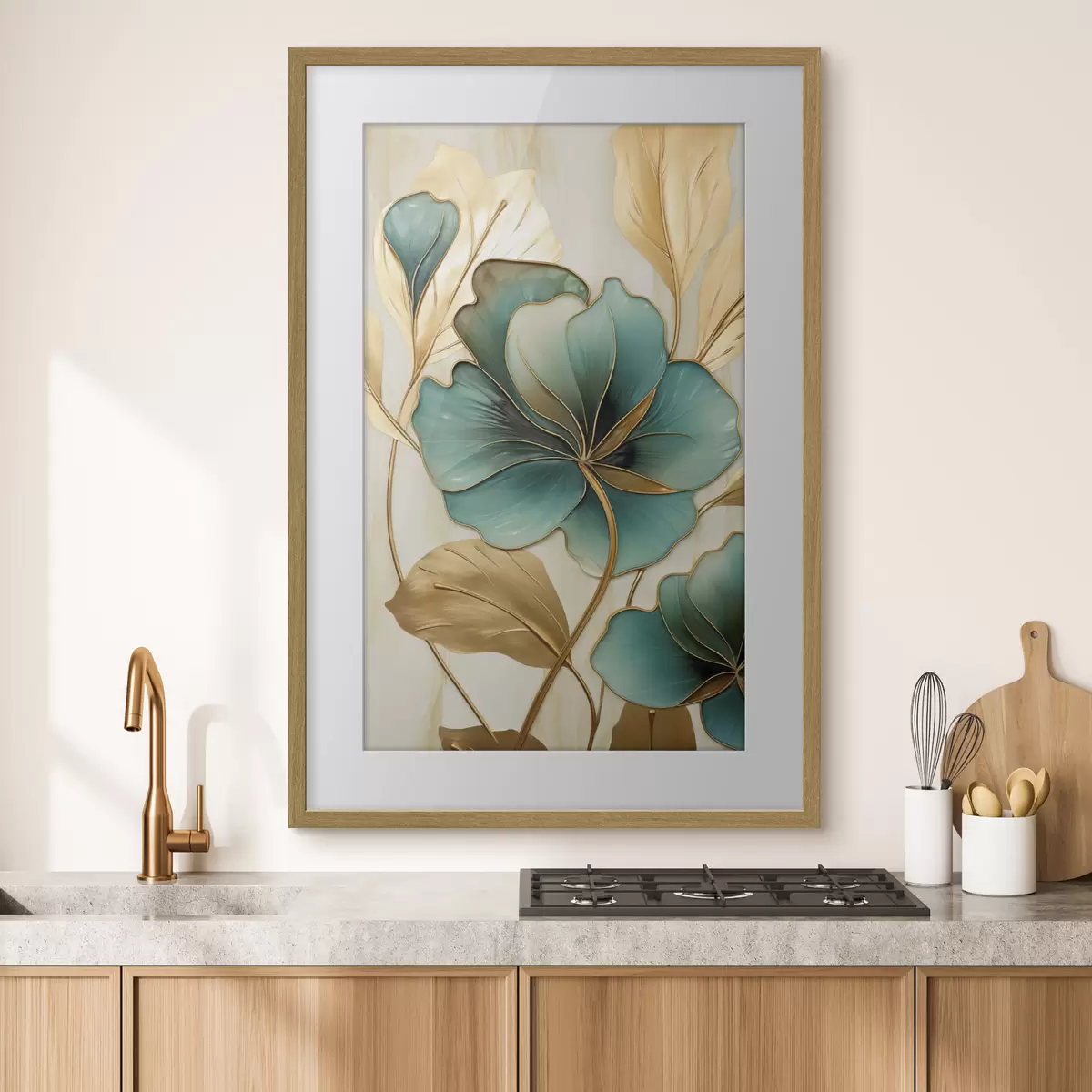 Poster Große blaugrüne und gelbe Blumen mit Konturen, umgeben von gelben Blättern vor abstraktem Hintergrund f47419