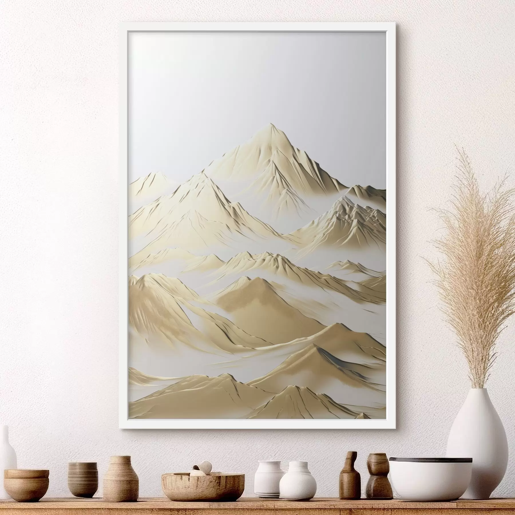 Fototapete Eine Landschaft aus gelben, schneebedeckten Bergen mit scharfen Gipfeln und tiefen Tälern unter einem hellen Himmel f47421