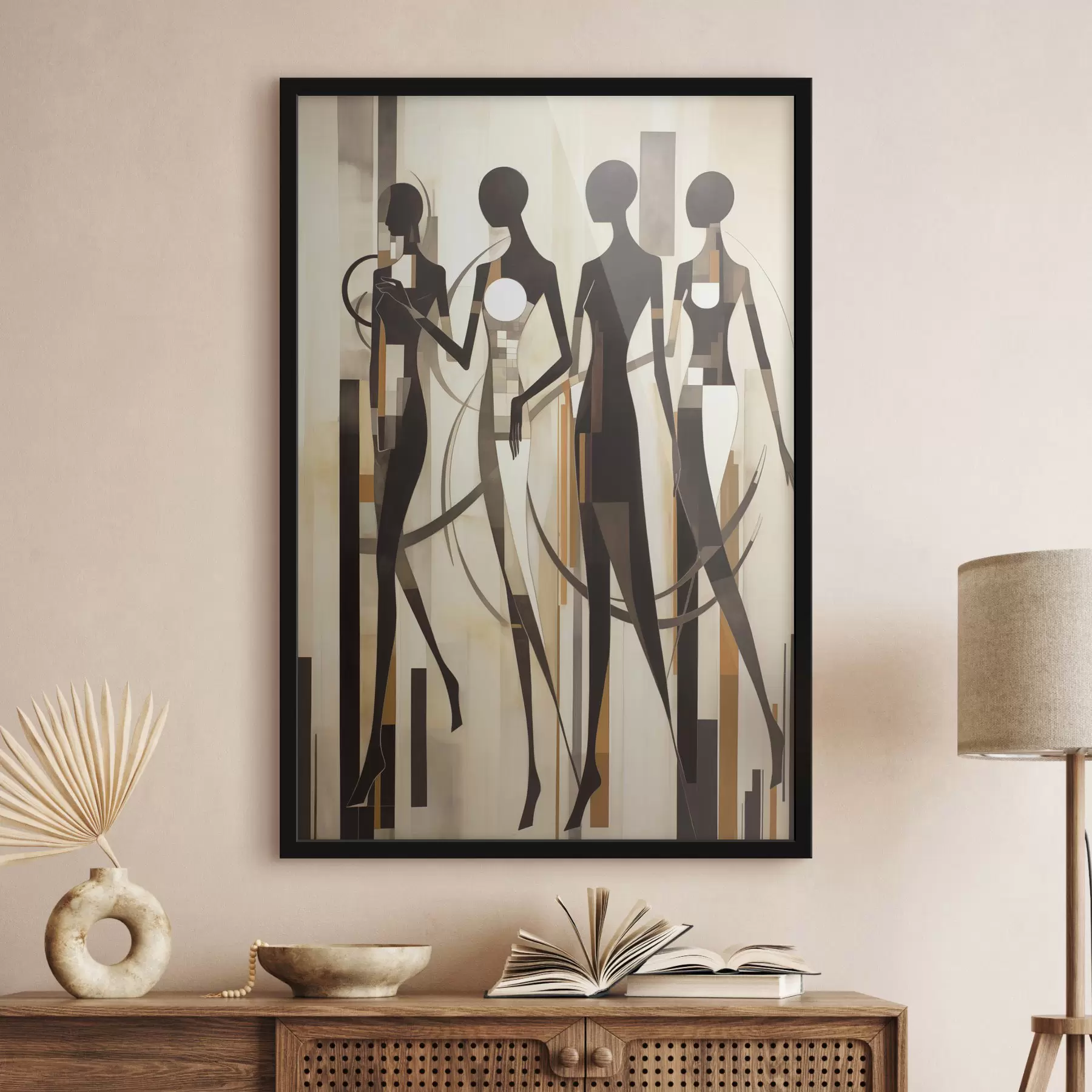 Fototapete Stilisierte weibliche Figuren mit geometrischen Elementen vor einem abstrakten Hintergrund aus vertikalen Linien f47423