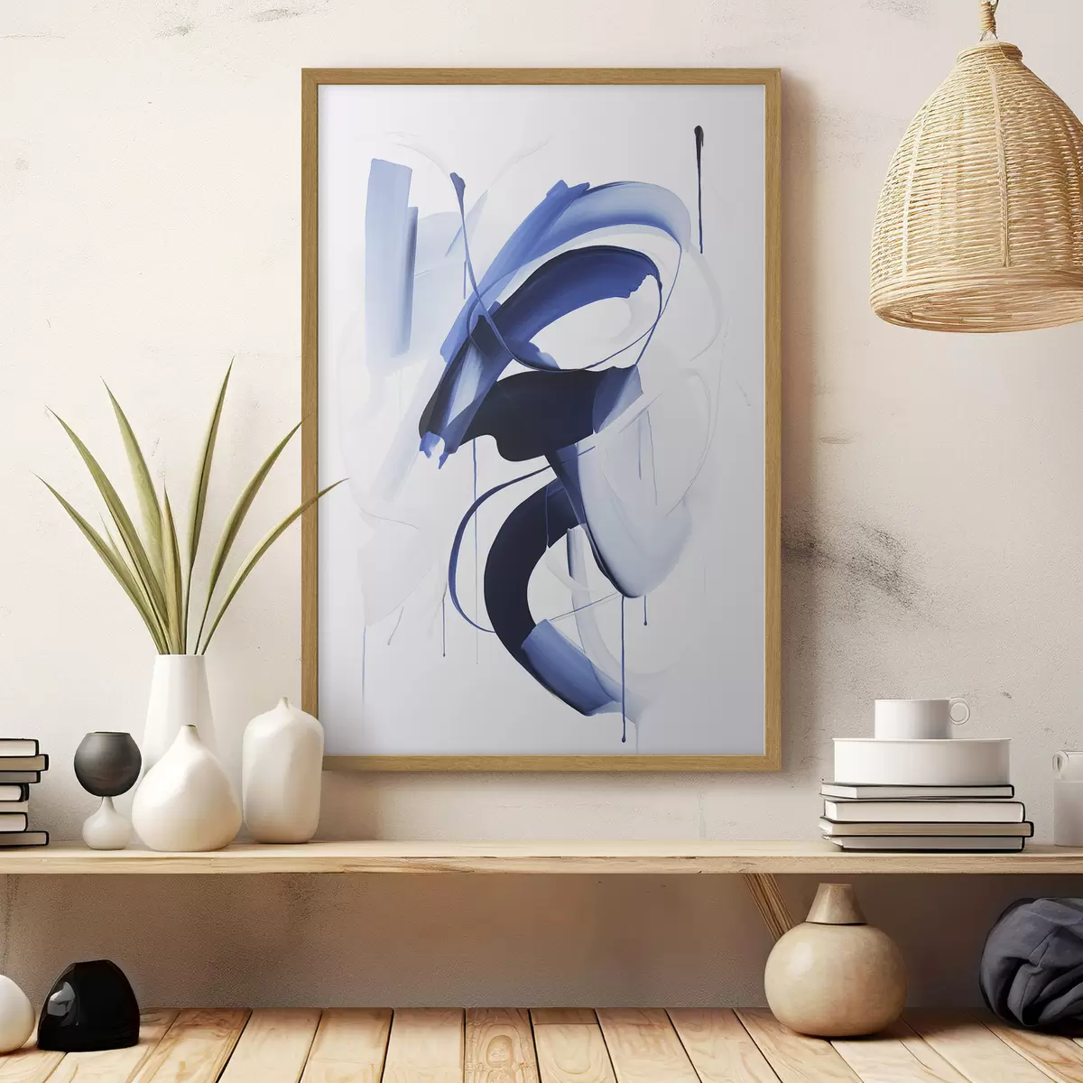 Poster Abstrakte blaue, pinselstrichartige Formen mit fließenden Linien und Kurven vor weißem Hintergrund, moderne Kunst f47428