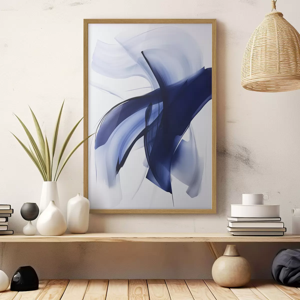 Poster Abstrakte blaue, pinselstrichartige Formen mit fließenden Linien und Kurven vor weißem Hintergrund, moderne Kunst f47429