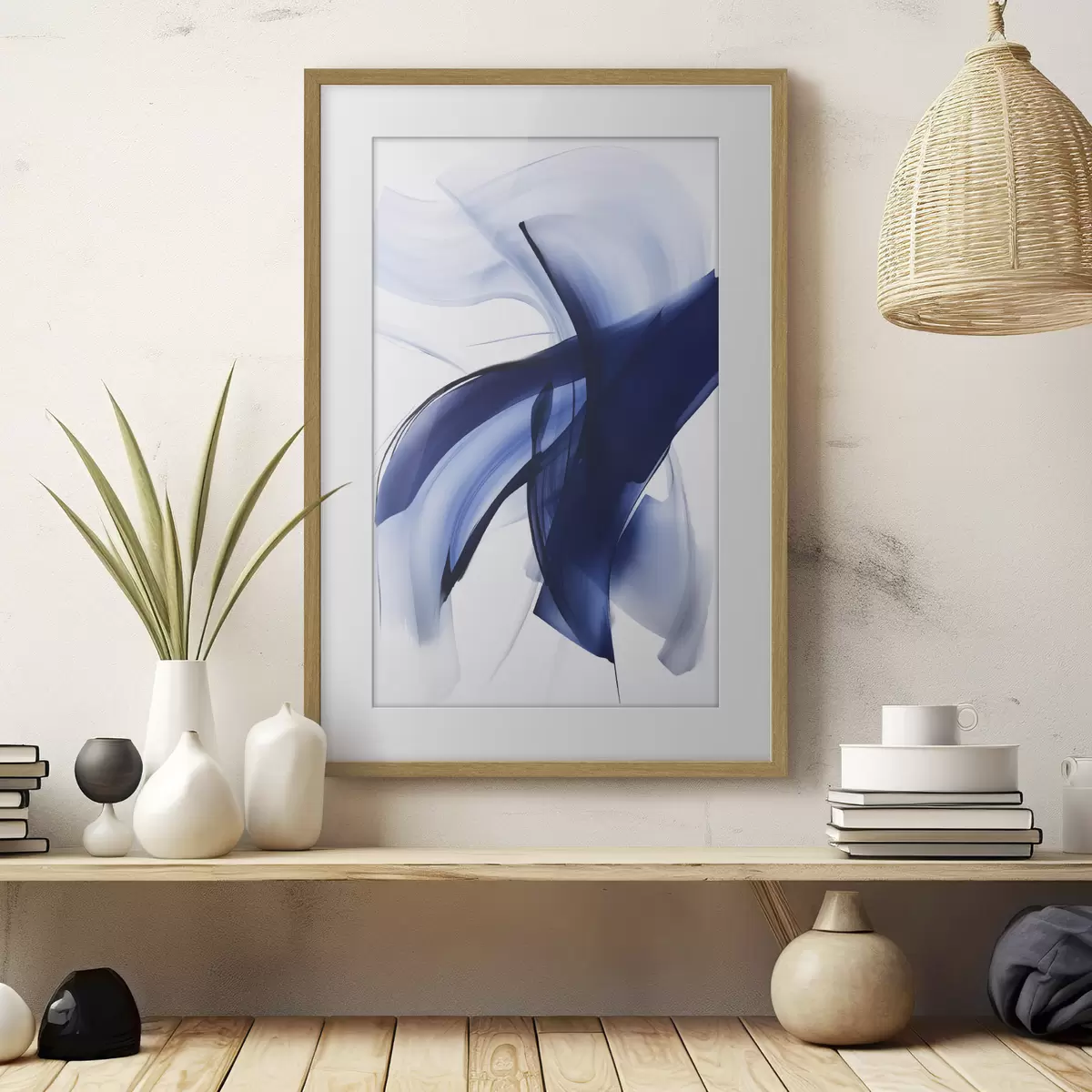 Poster Abstrakte blaue, pinselstrichartige Formen mit fließenden Linien und Kurven vor weißem Hintergrund, moderne Kunst f47429