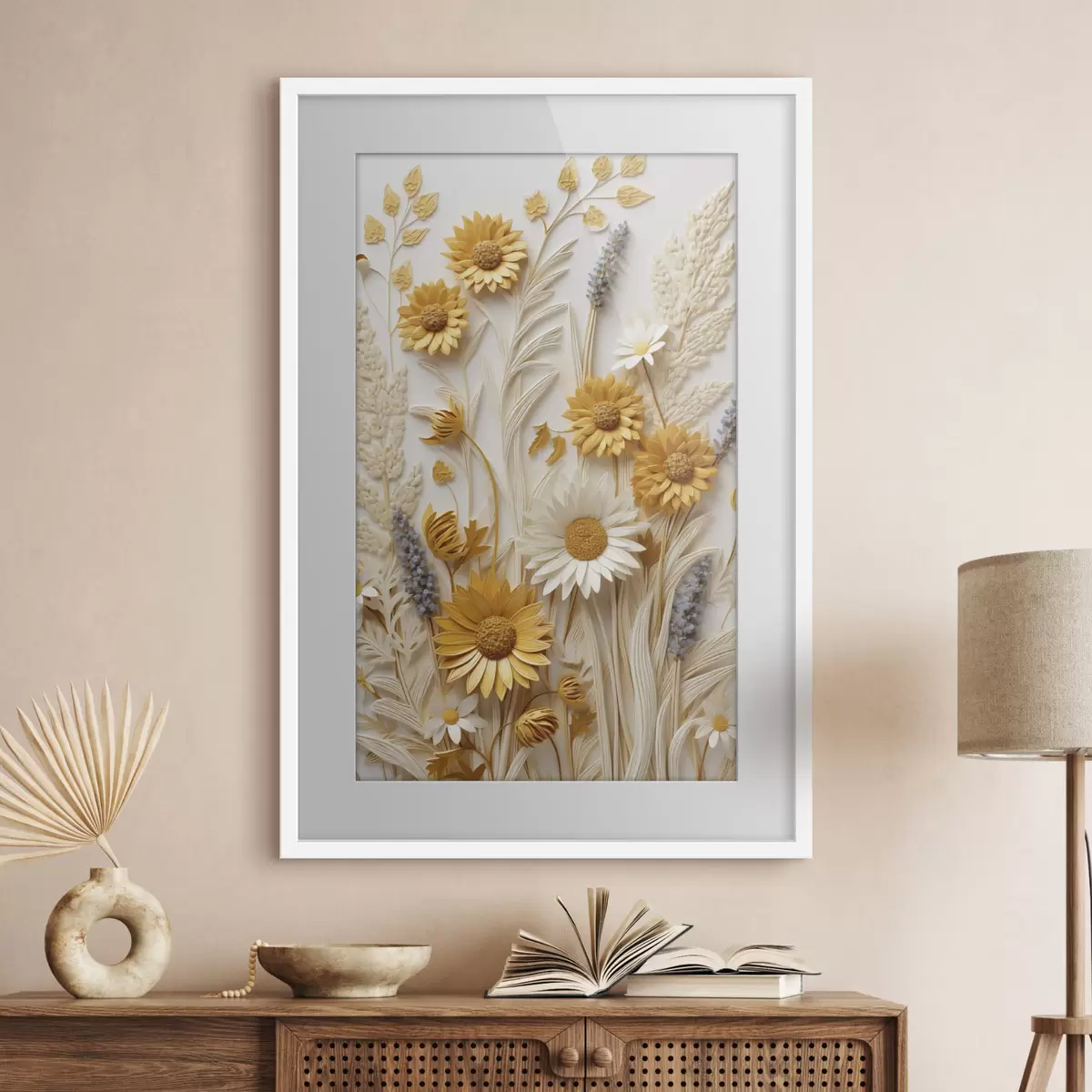 Poster Eine strukturierte Kollektion aus gelben und weißen Gänseblümchen mit getrockneten Gräsern und Lavendelzweigen auf weißem Hintergrund. f47430