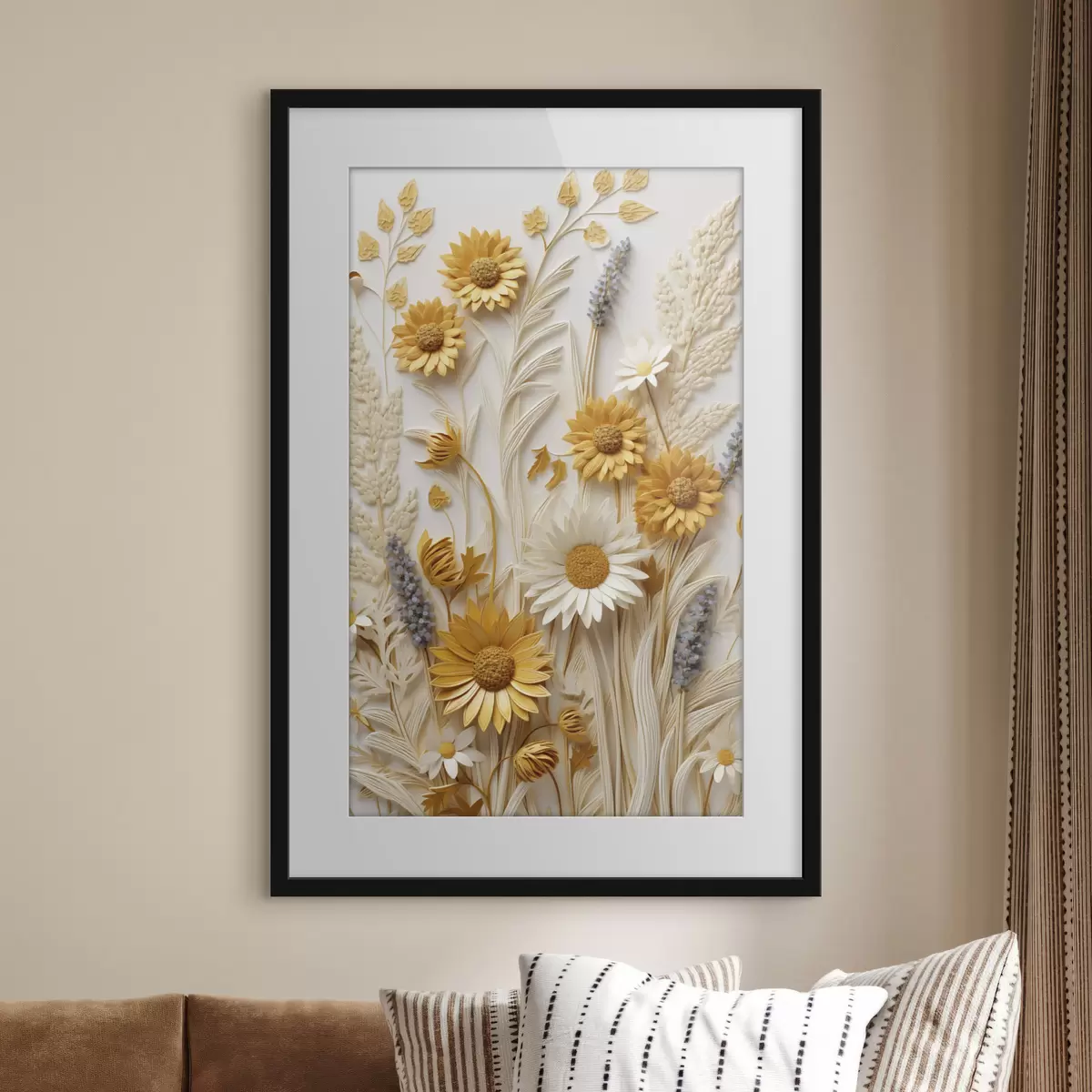 Poster Eine strukturierte Kollektion aus gelben und weißen Gänseblümchen mit getrockneten Gräsern und Lavendelzweigen auf weißem Hintergrund. f47430