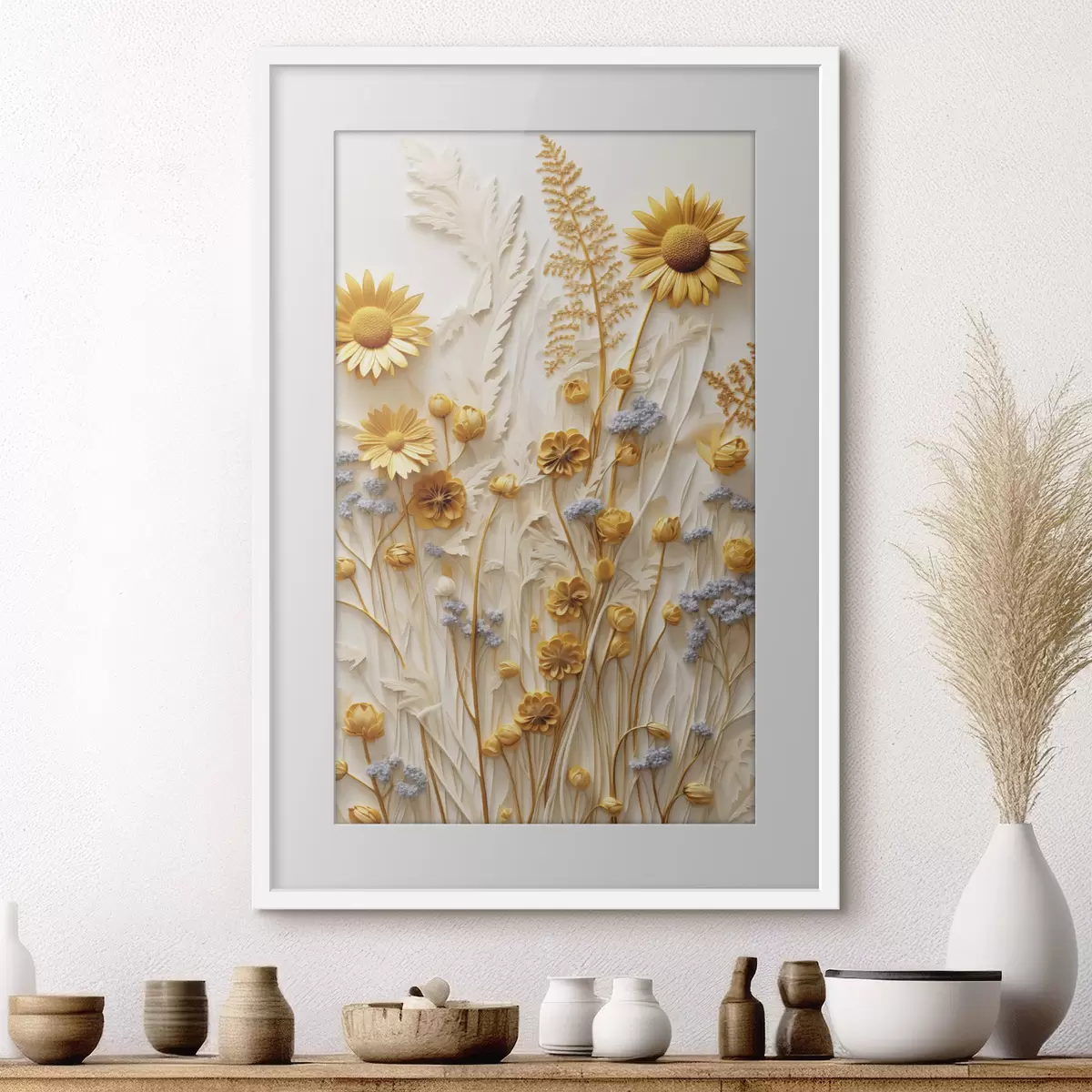 Poster Eine strukturierte Kollektion aus gelben und weißen Gänseblümchen mit getrockneten Gräsern und Lavendelzweigen auf weißem Hintergrund. f47431