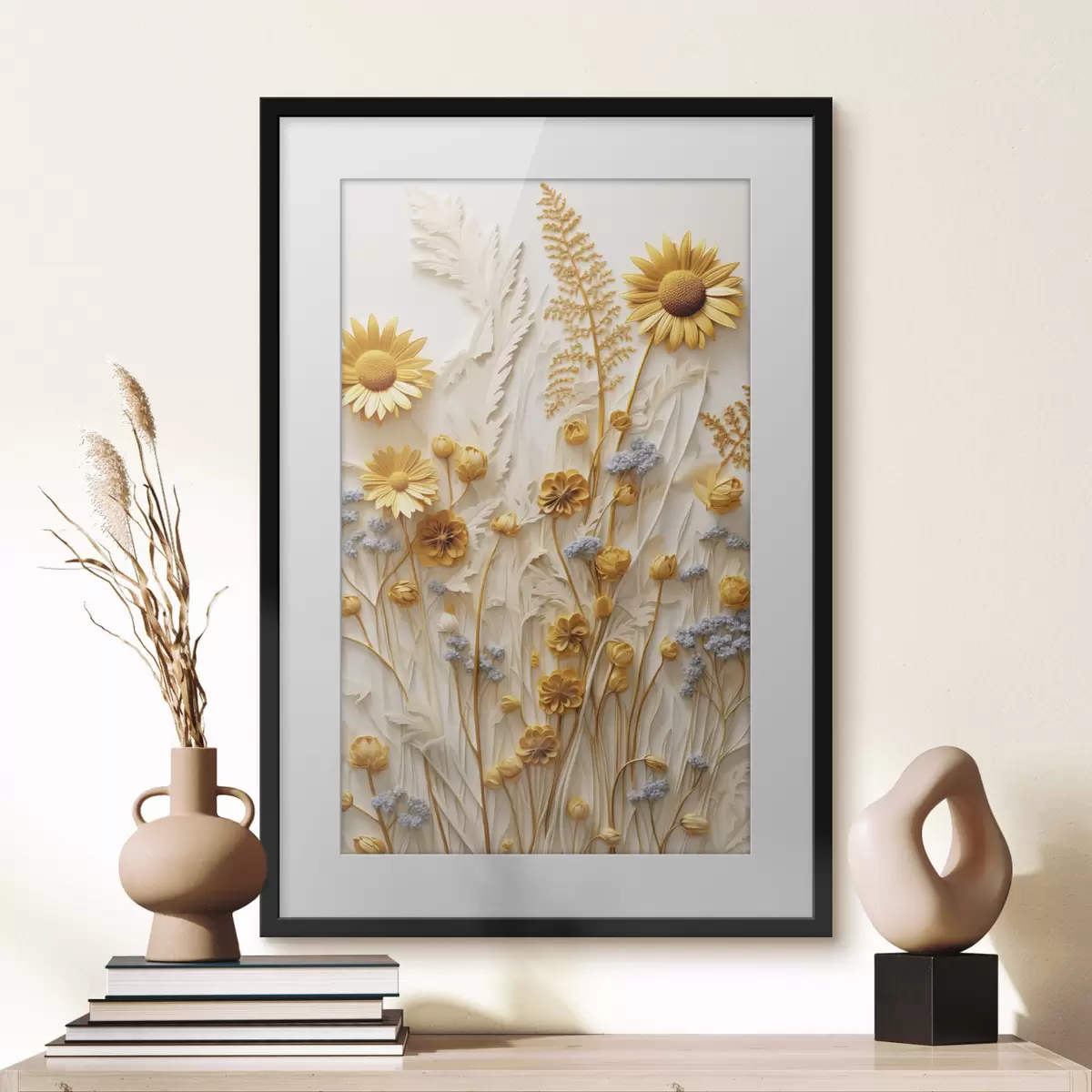 Poster Eine strukturierte Kollektion aus gelben und weißen Gänseblümchen mit getrockneten Gräsern und Lavendelzweigen auf weißem Hintergrund. f47431