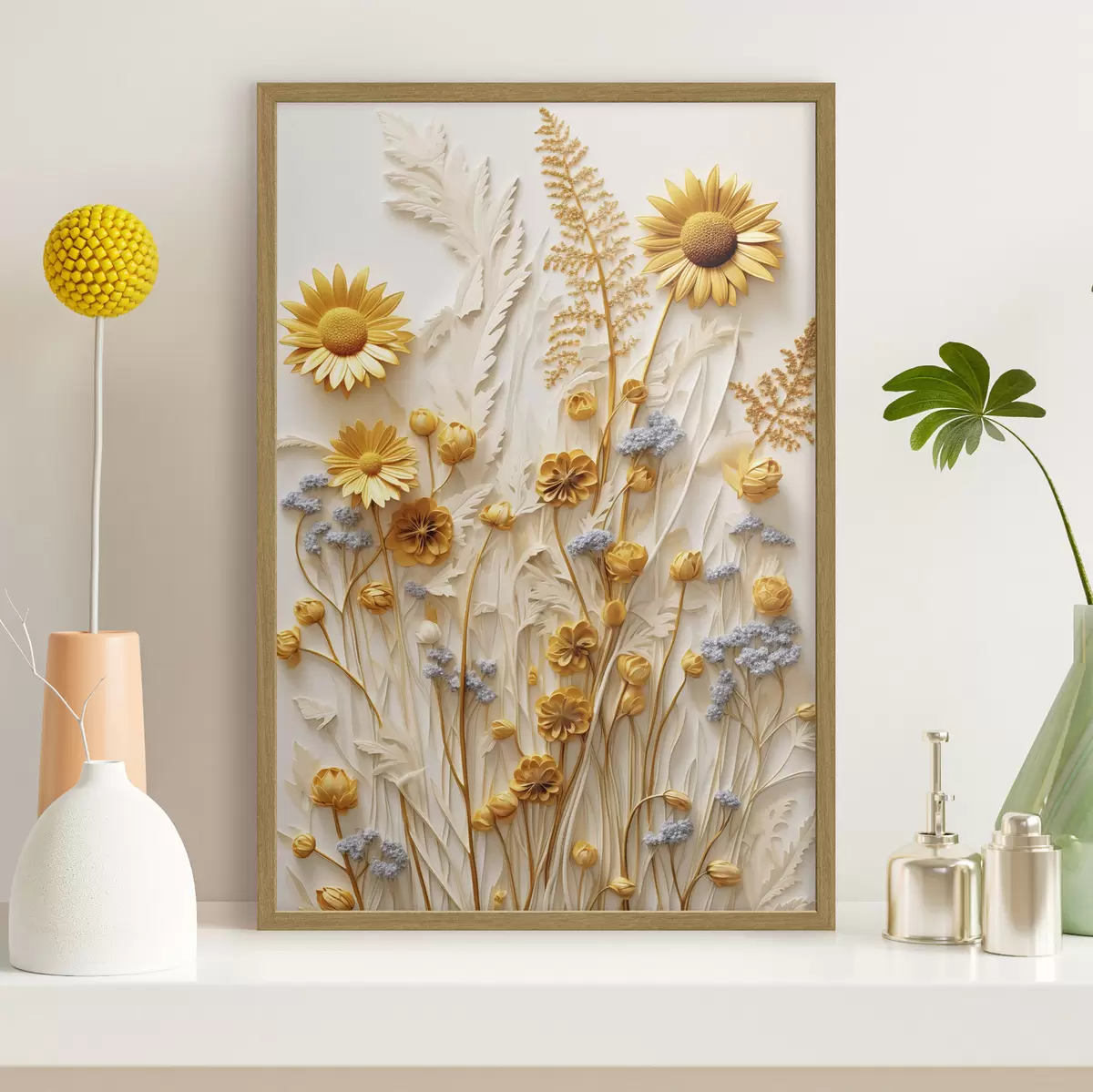 Poster Eine strukturierte Kollektion aus gelben und weißen Gänseblümchen mit getrockneten Gräsern und Lavendelzweigen auf weißem Hintergrund. f47431