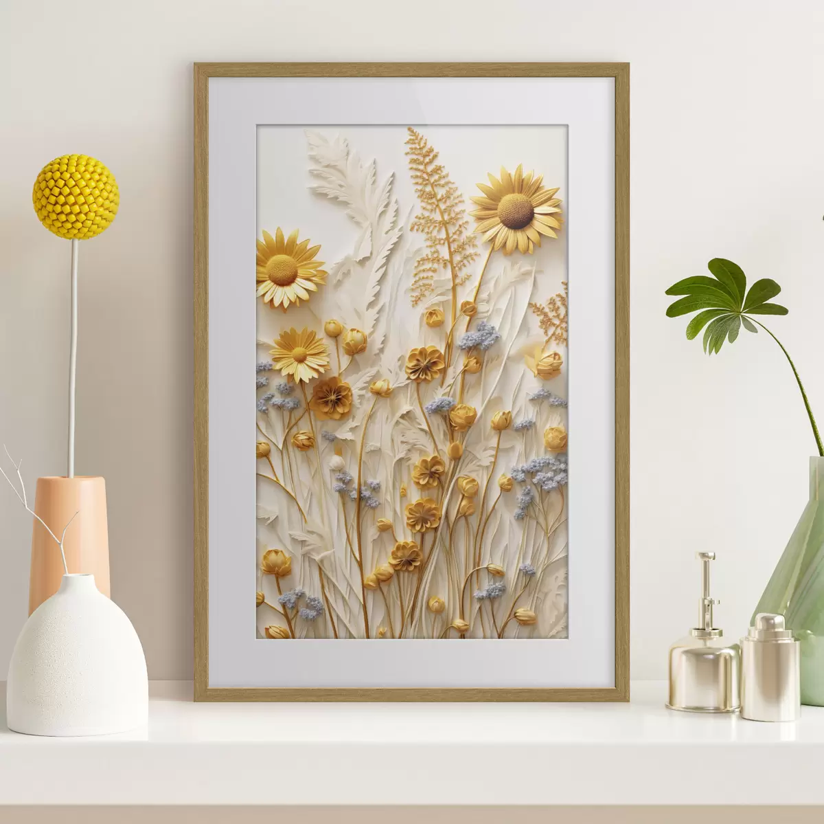 Poster Eine strukturierte Kollektion aus gelben und weißen Gänseblümchen mit getrockneten Gräsern und Lavendelzweigen auf weißem Hintergrund. f47431