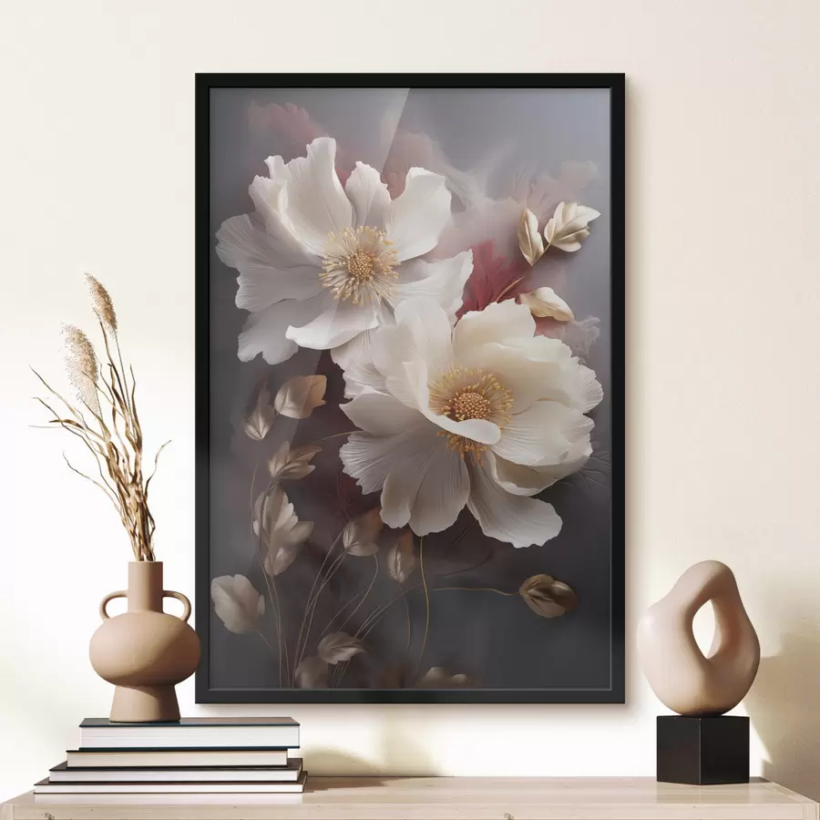 Fototapete Zarte Pfingstrosen mit dünnen, zarten Blütenblättern, umgeben von dunkelroten und gelben Blättern vor einem abstrakten Hintergrund f47435