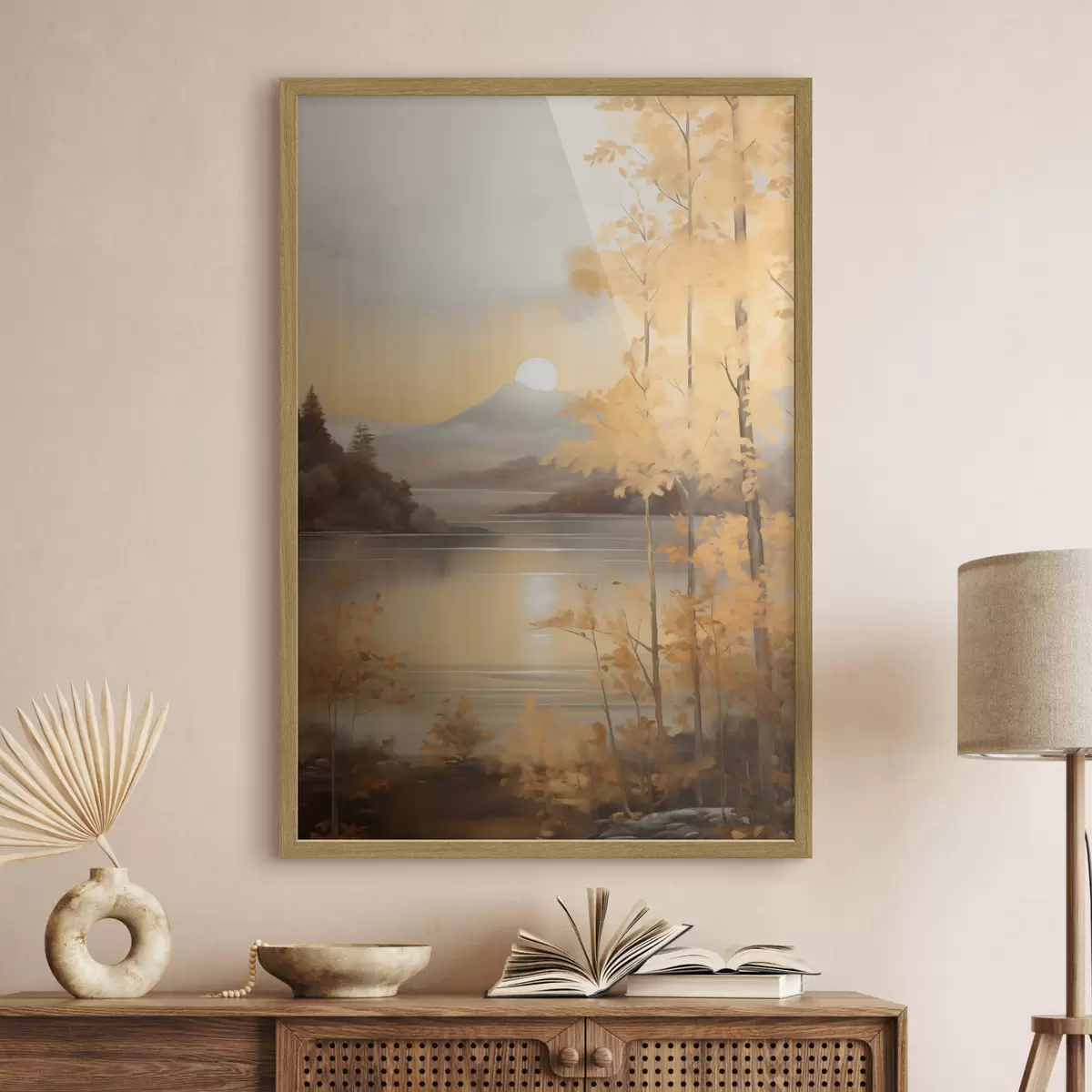 Poster Herbstliche Bäume mit orangefarbenen Blättern umrahmen einen ruhigen See mit fernen Bergen unter einem bewölkten Himmel. f47440