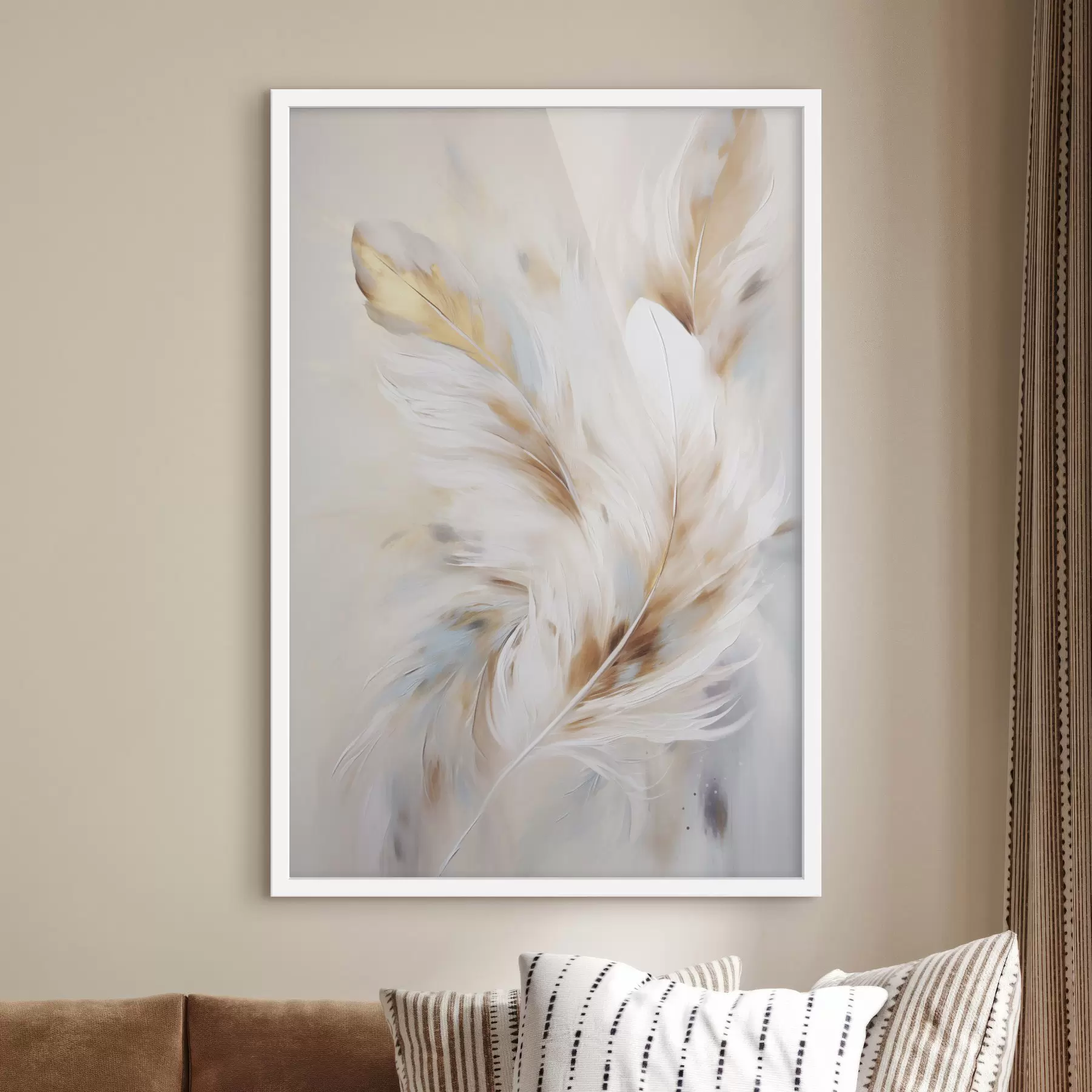 Fototapete Große, weiche Federn in einer Mischung aus Weiß-, Gelb- und Brauntönen vor einem hellen, abstrakten Hintergrund f47442