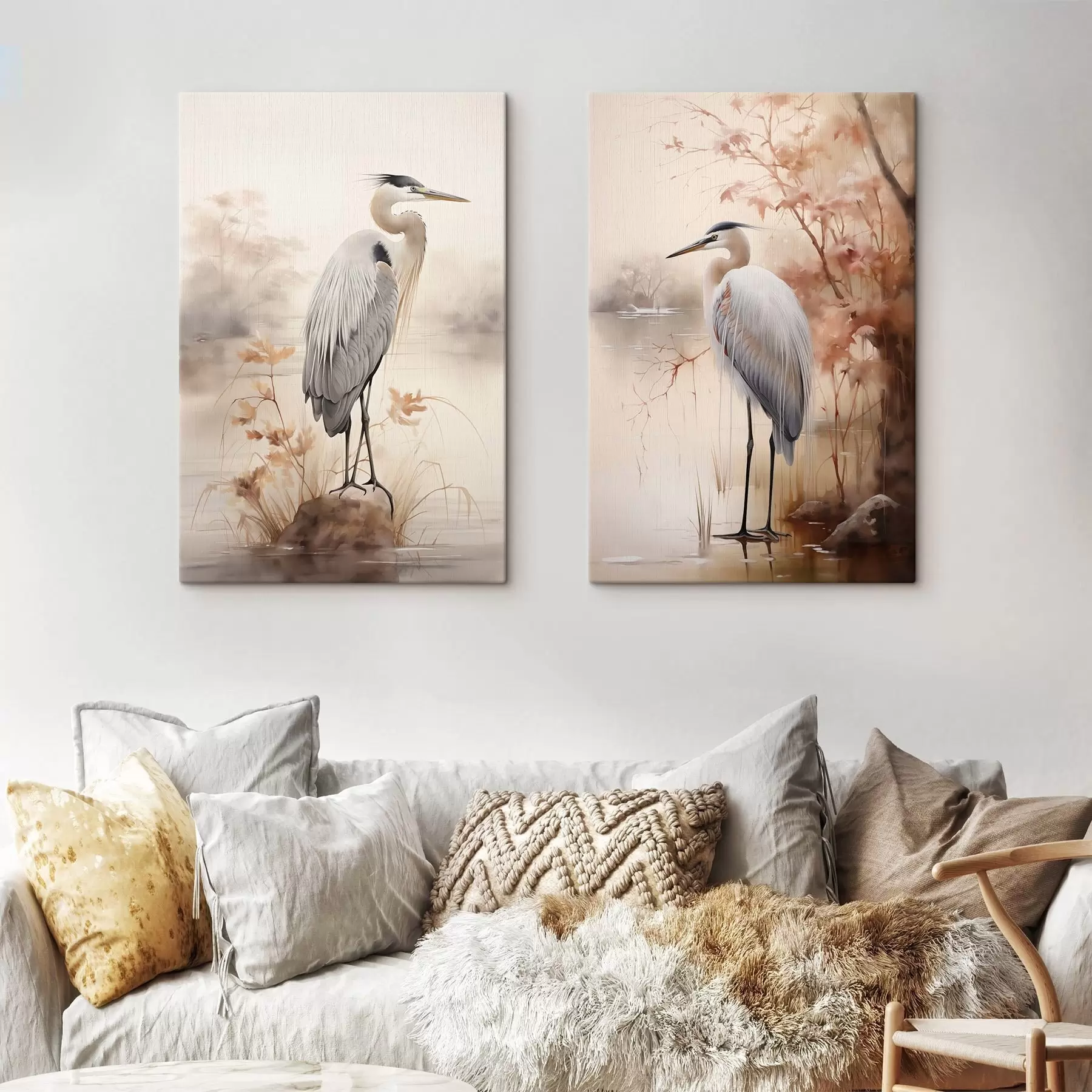 Fototapete Ein Reiher steht auf einem Felsen in einem See, im Hintergrund hohe Gräser und Bäume. m01239