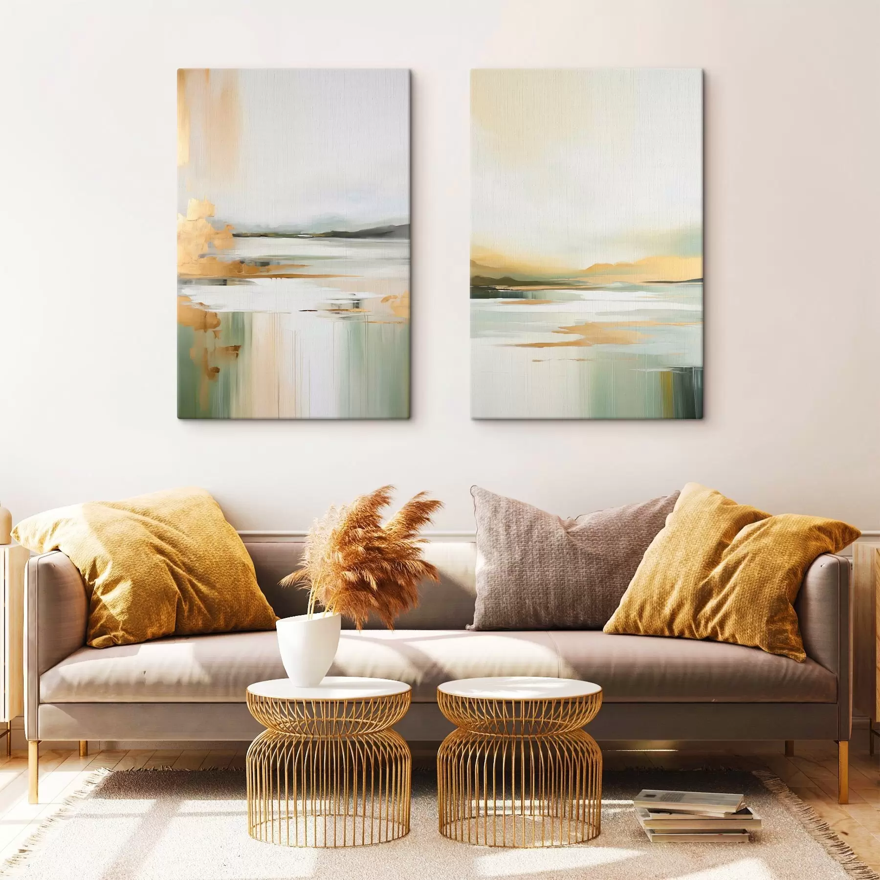 Fototapete Abstrakte Landschaft mit Gelb- und Grüntönen, Wasser, das den Himmel und entfernte Berge reflektiert, blasser, dunstiger Himmel m01245