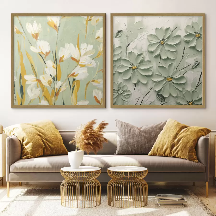 Fototapete Blumenwiese: Kunstkomposition mit volumetrischen Blumen auf einem pastellfarbenen Hintergrund d00567