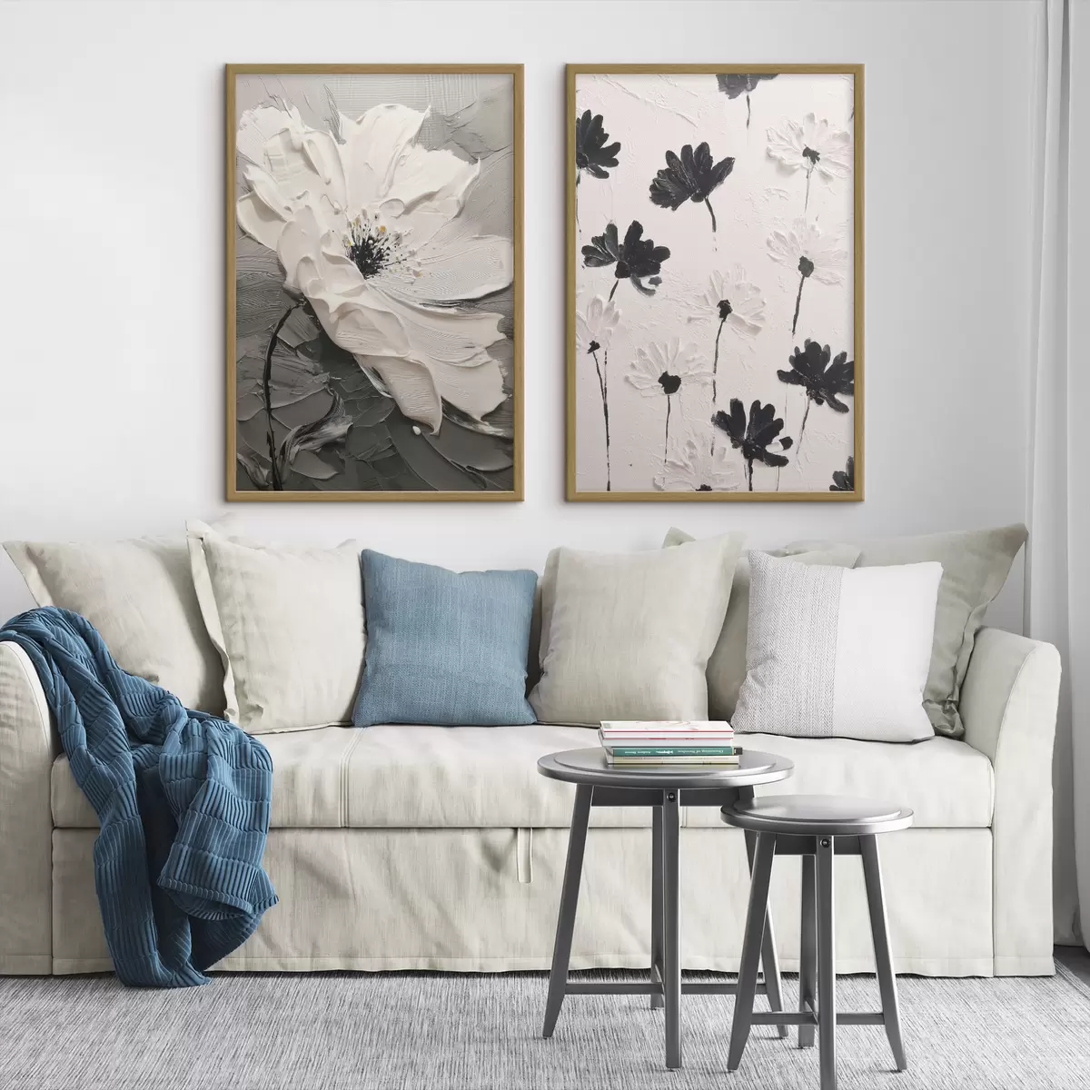 Poster Diptychon mit weißen und schwarzen Blumen in einem modernen Stil d00571