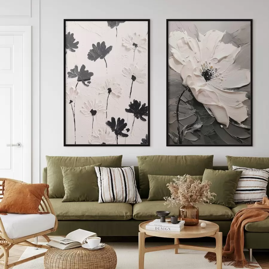 Fototapete Diptychon mit weißen und schwarzen Blumen in einem modernen Stil d00571