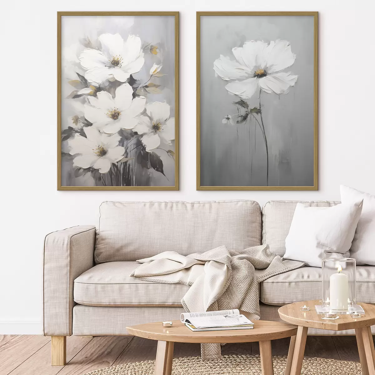 Poster Künstlerische Komposition mit weißen Blumen und strukturierter Oberfläche im minimalistischen Stil d00574