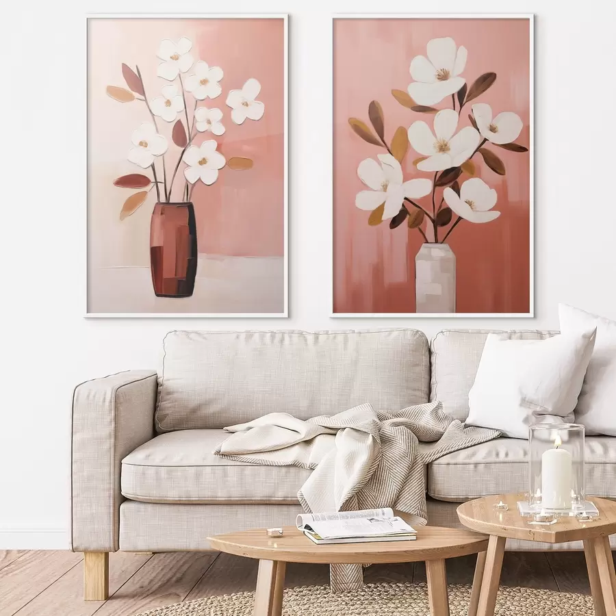 Fototapete Komposition mit kontrastierenden Vasen und strukturierten weißen Blumen d00575