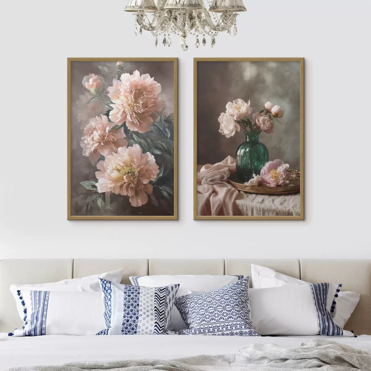 Poster Gepaart Zusammensetzung mit rosa Pfingstrosen in einer Vase und auf Leinwand d00578