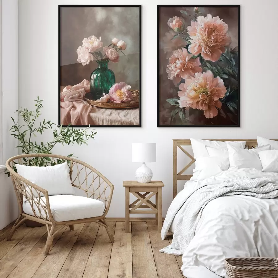 Fototapete Gepaart Zusammensetzung mit rosa Pfingstrosen in einer Vase und auf Leinwand d00578