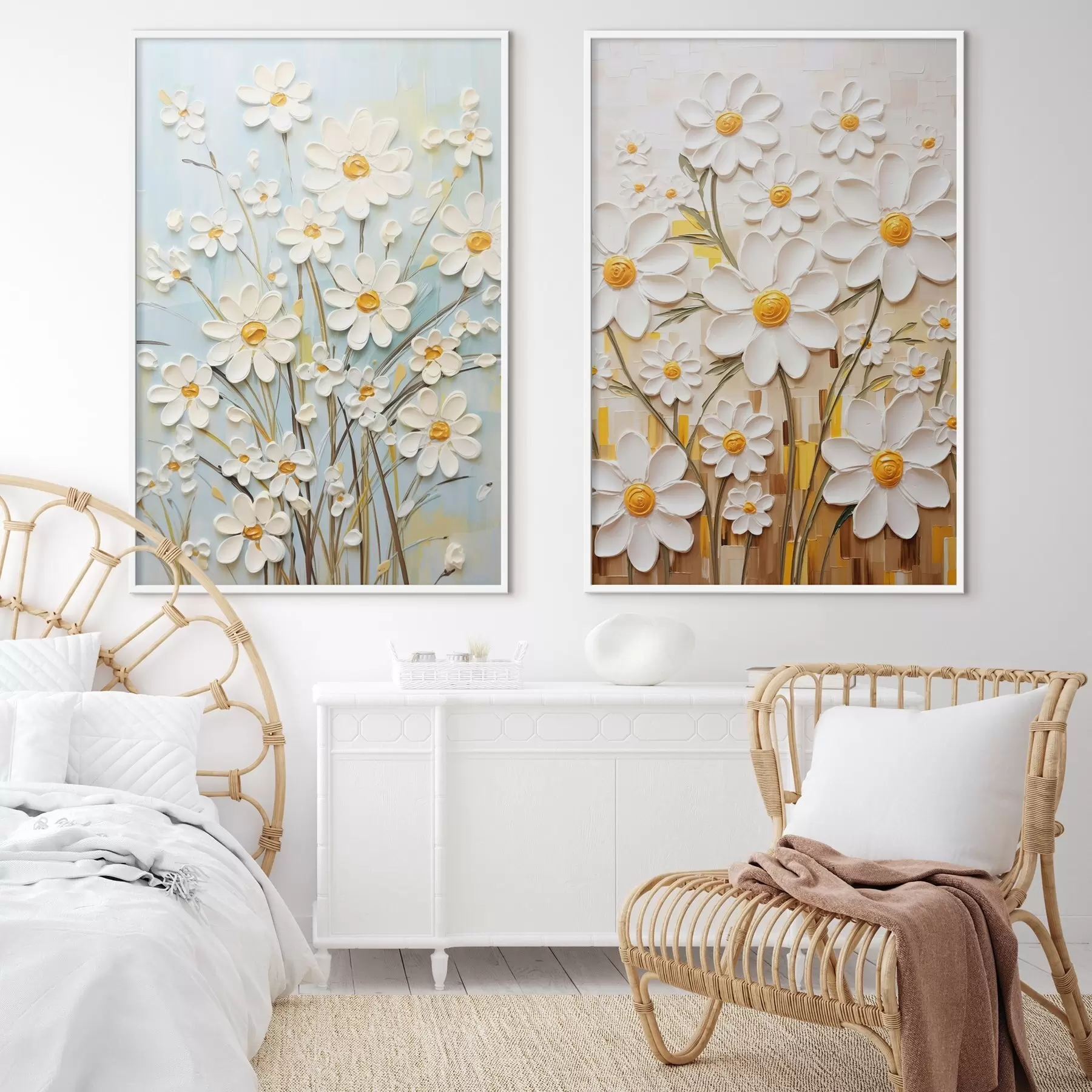 Fototapete Sonnige Blumen: Kunstduett mit volumetrischen Gänseblümchen und gelben Akzenten d00580