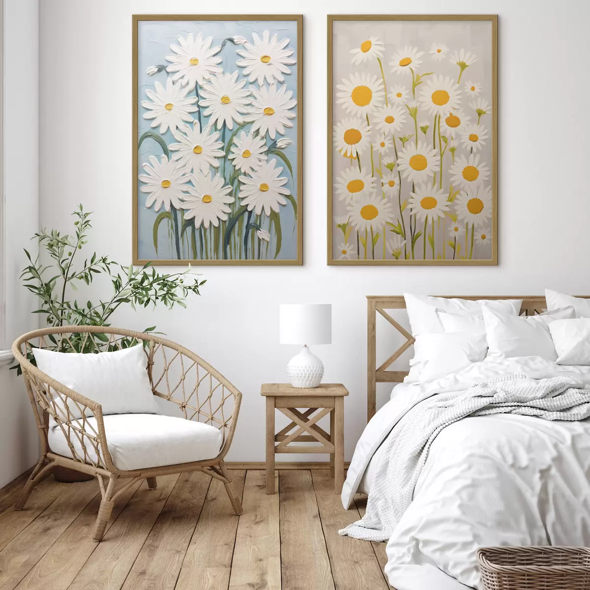 Poster Frühlingsfrische: Diptychon mit voluminösen Gänseblümchen im Impasto-Stil d00633