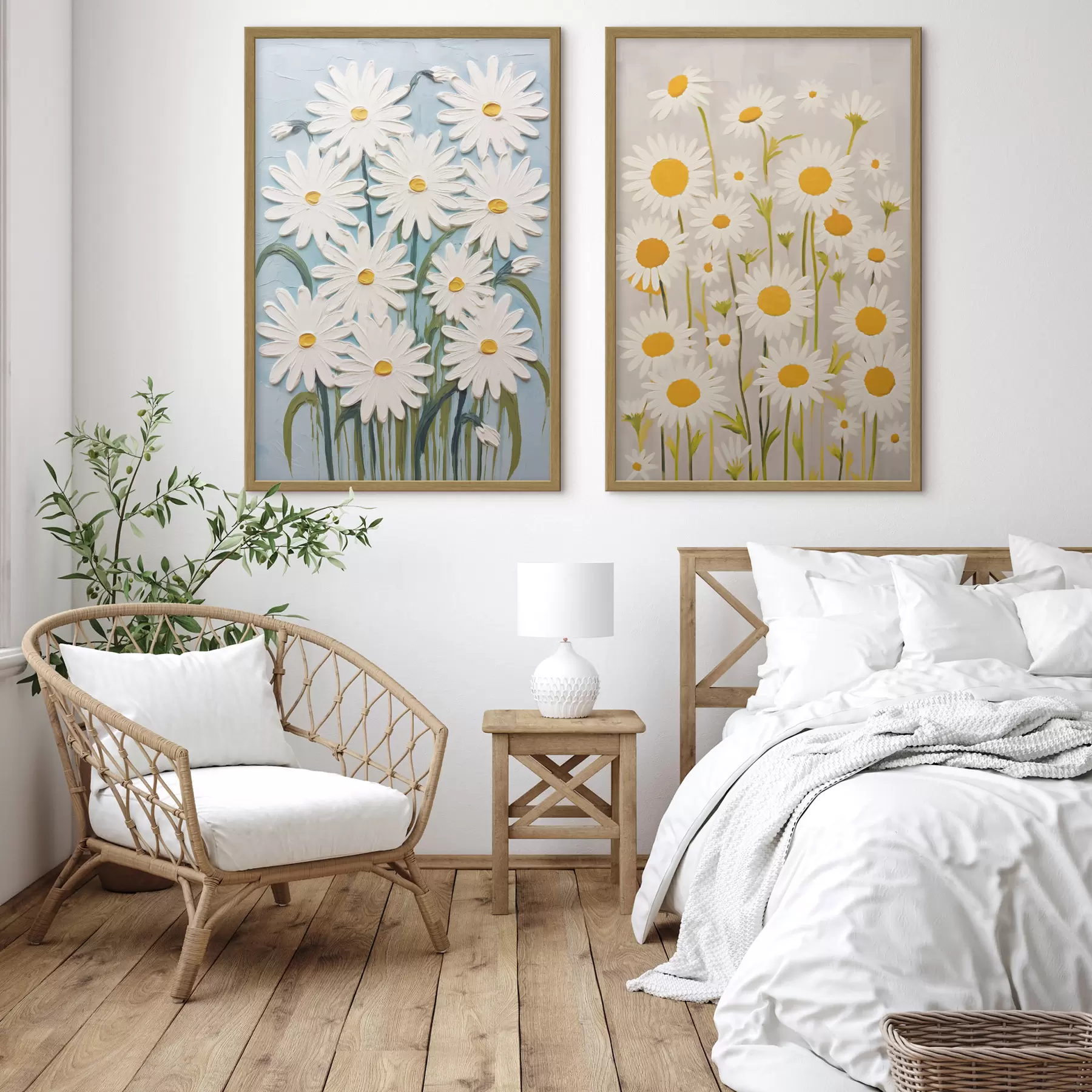 Fototapete Frühlingsfrische: Diptychon mit voluminösen Gänseblümchen im Impasto-Stil d00633